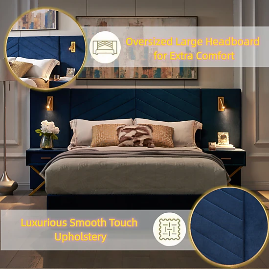 Flynama King Velvet Bed, Channel Tufted Wingback Headboard, Platform with Wooden Slats