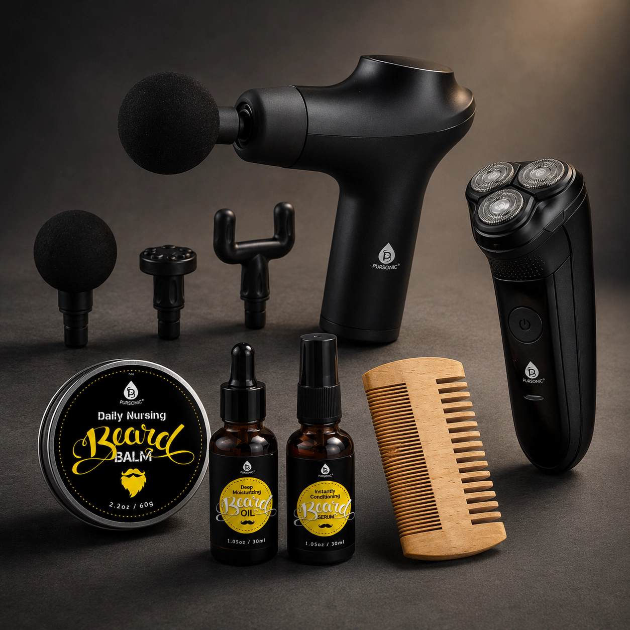 Pursonic Men's Rechargeable Hair, Beard, Nose & Ear Grooming Kit with Beard Care Grooming Bundle