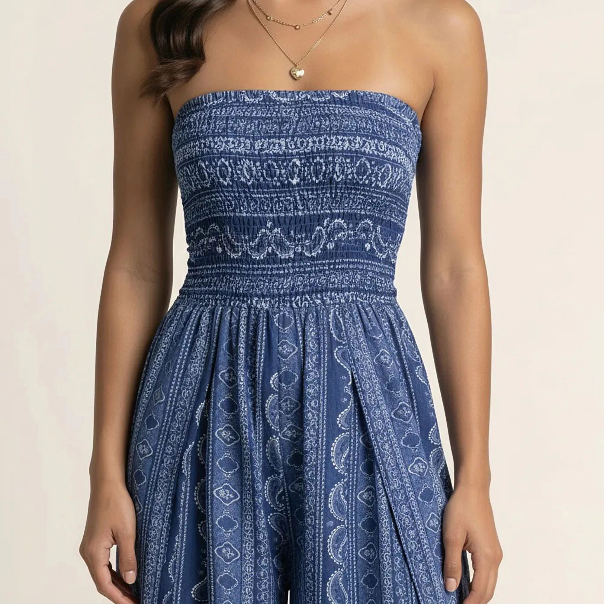 Anna-Kaci Womens Strapless Smocked Wide Leg Jumpsuit with Side Slits