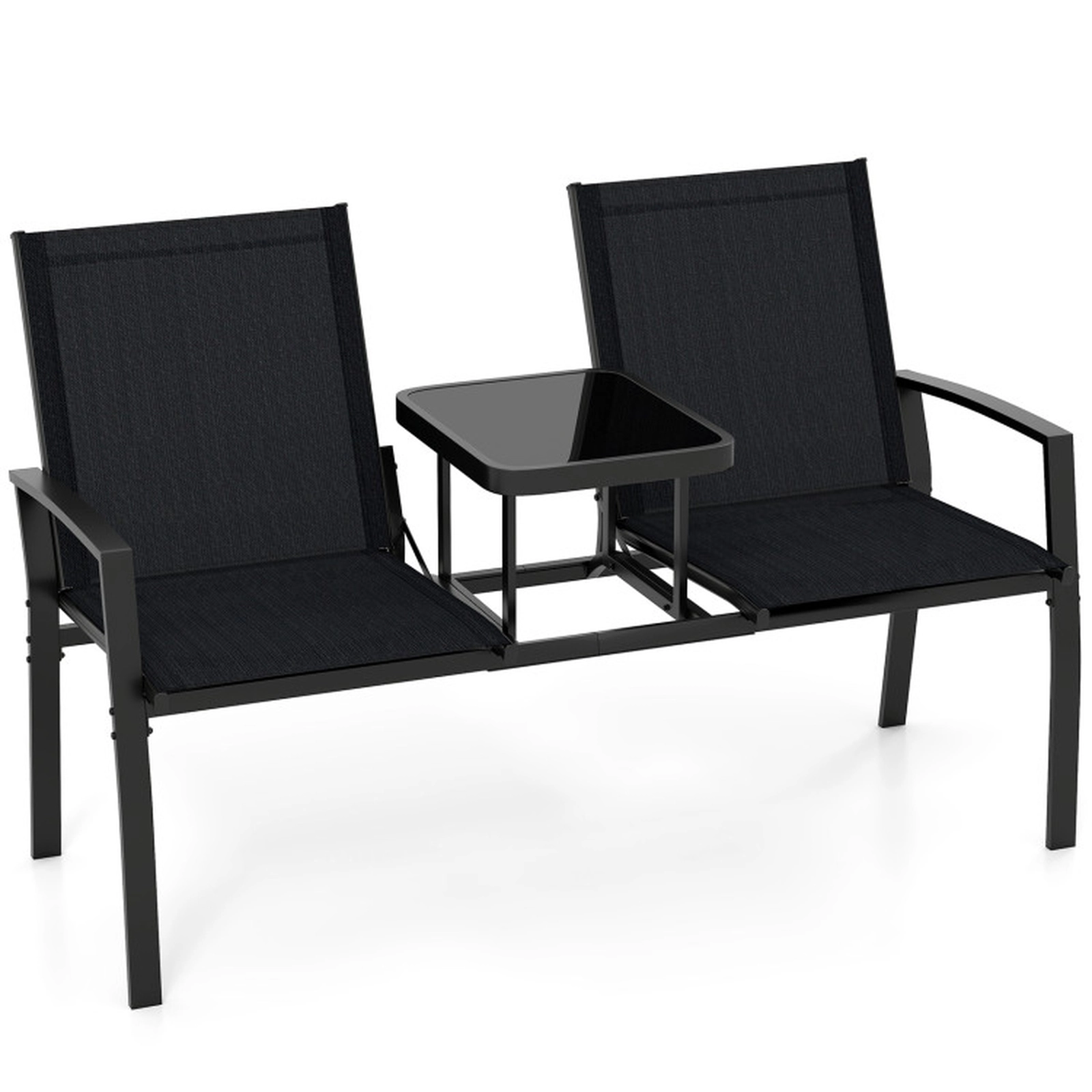 SUGIFT Black Outdoor Loveseat with Built-In Glass Table, 400-lb Seat Capacity