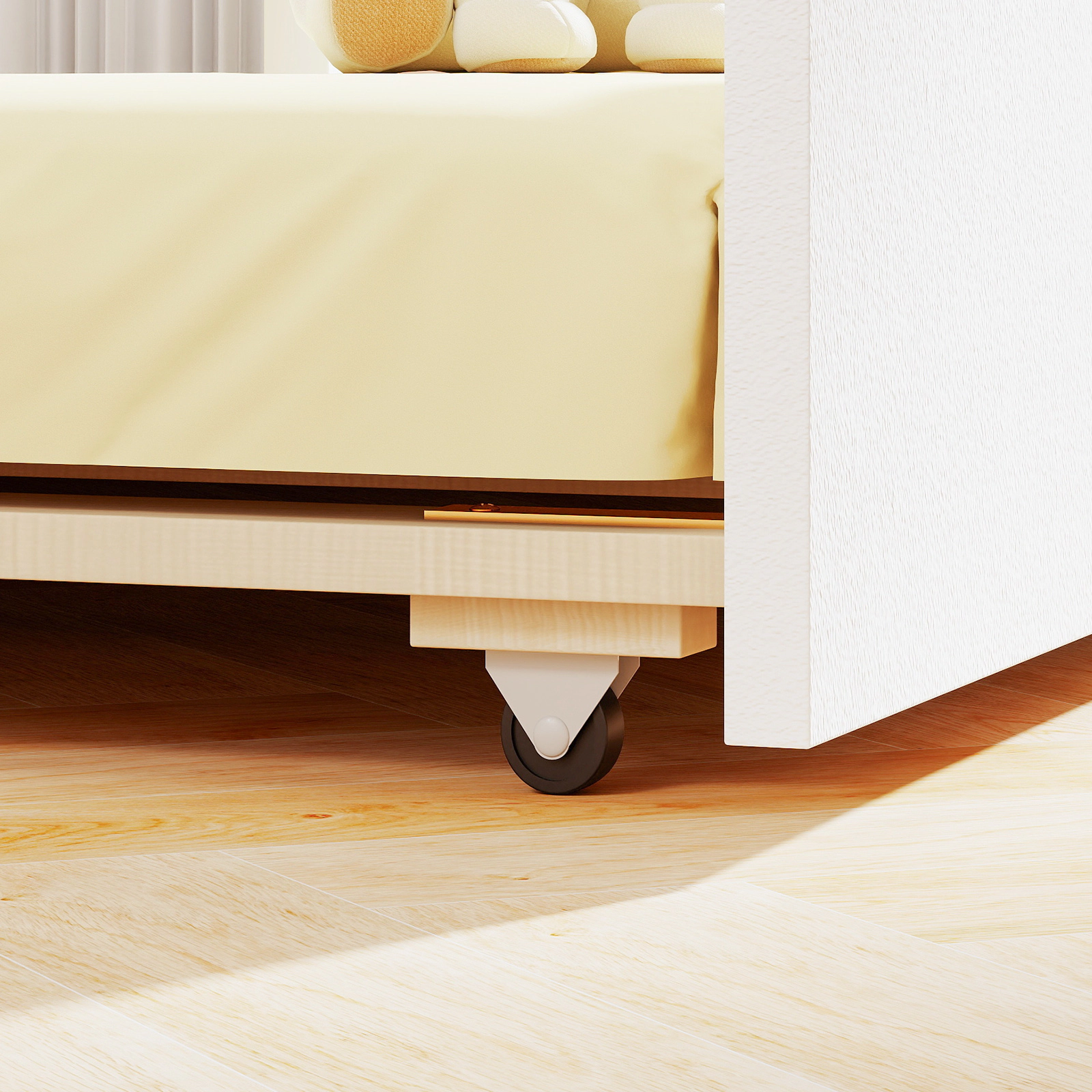 SUGIFT Twin House Bed with Trundle, Roof Window, Guardrails, White Pine Wood