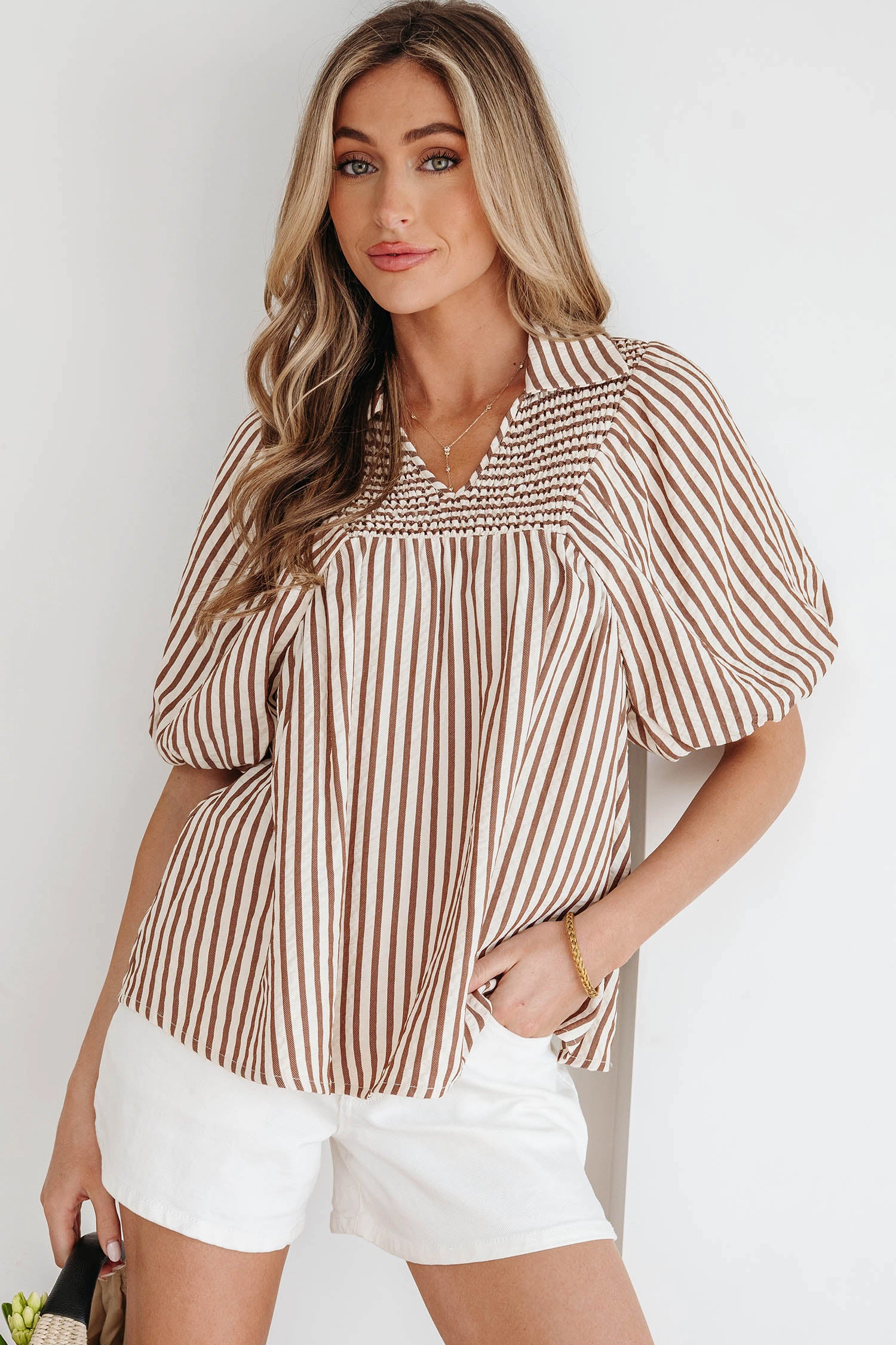 Threaded Pear Women's Lina Short Puff Sleeve Blouse