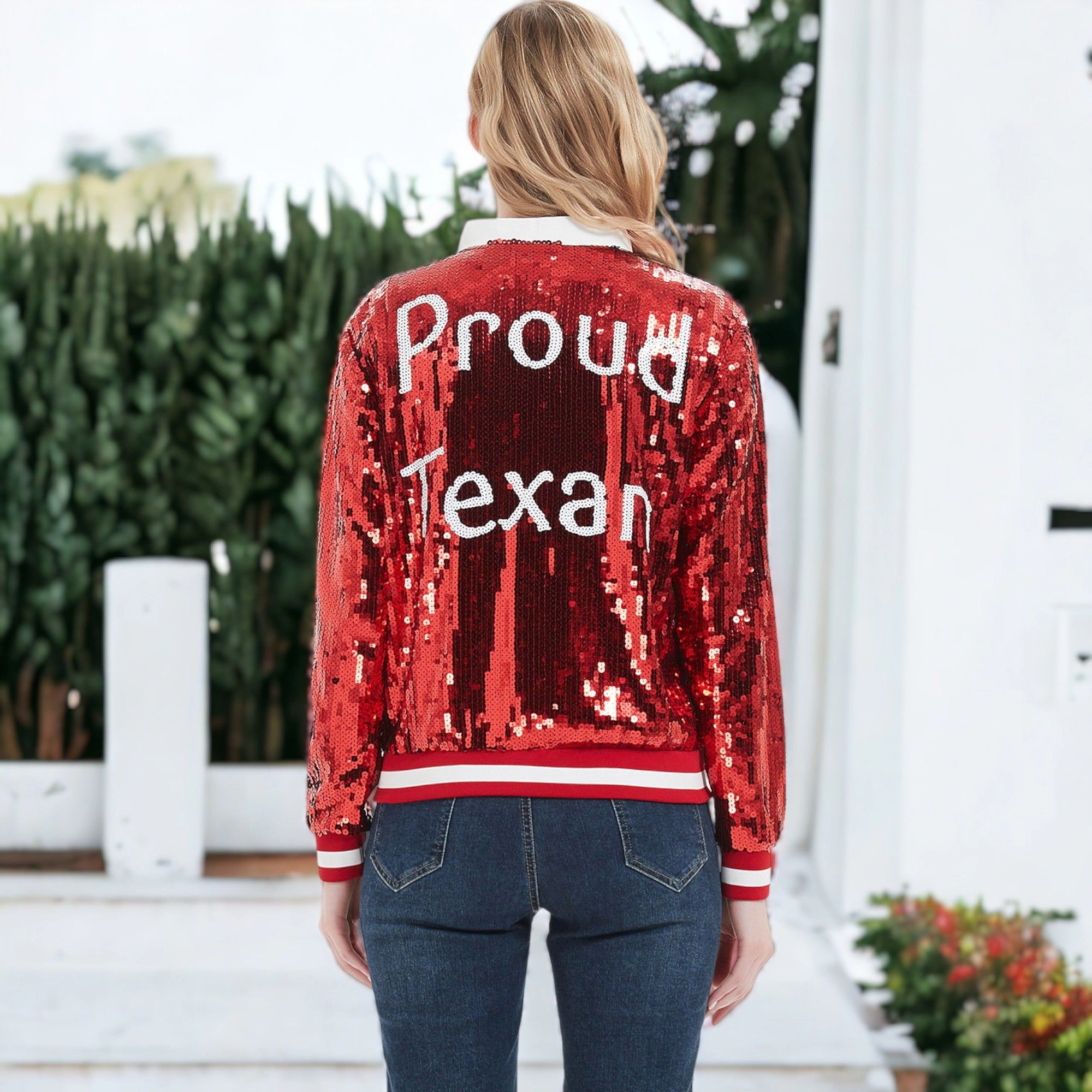 Anna-Kaci Women's Sequin American Flag Bomber Zip-Up Jacket