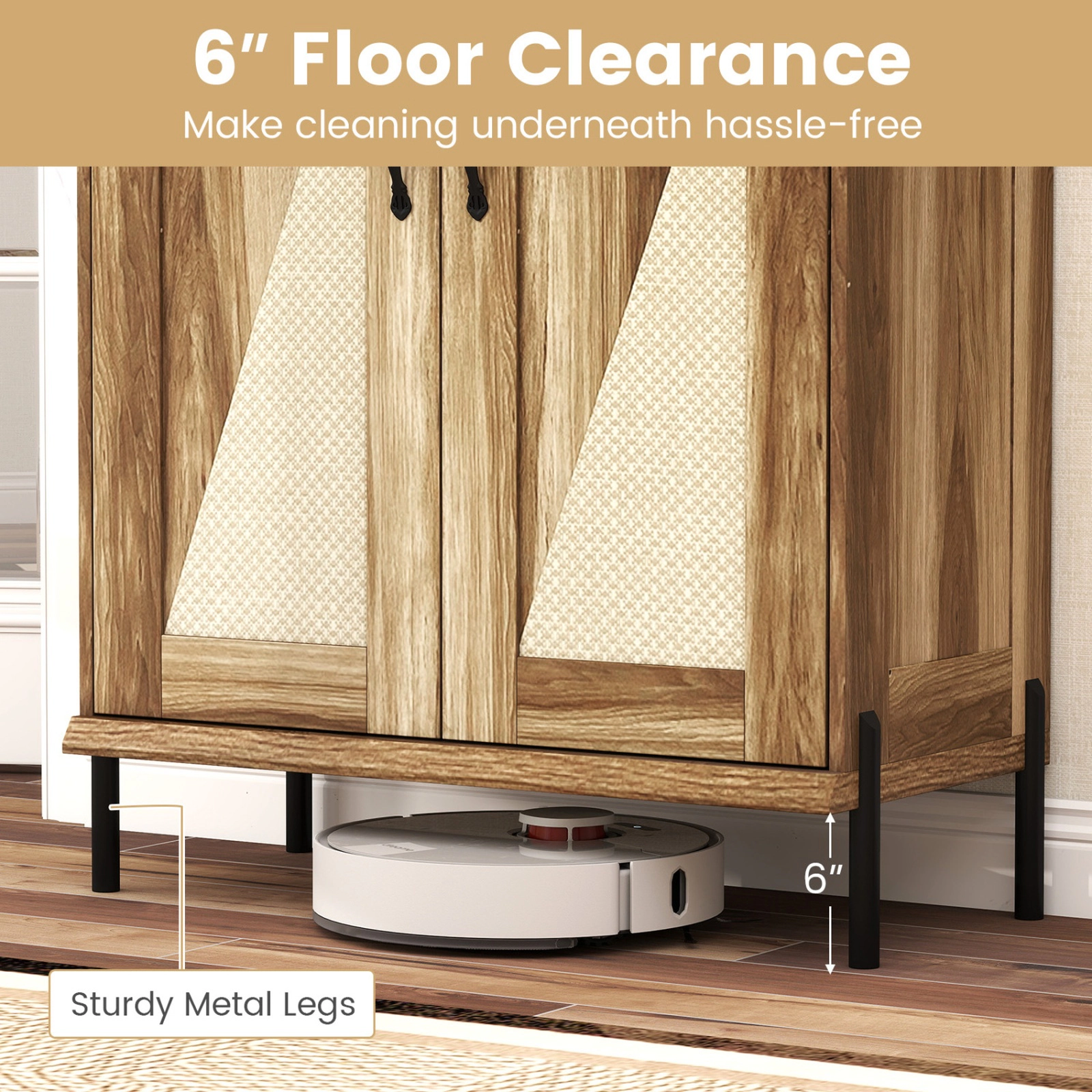 SUGIFT 5-Tier Farmhouse Shoe Cabinet with Woven Rattan Doors 110-lb Countertop Capacity 11-lb Shelf Capacity Natural