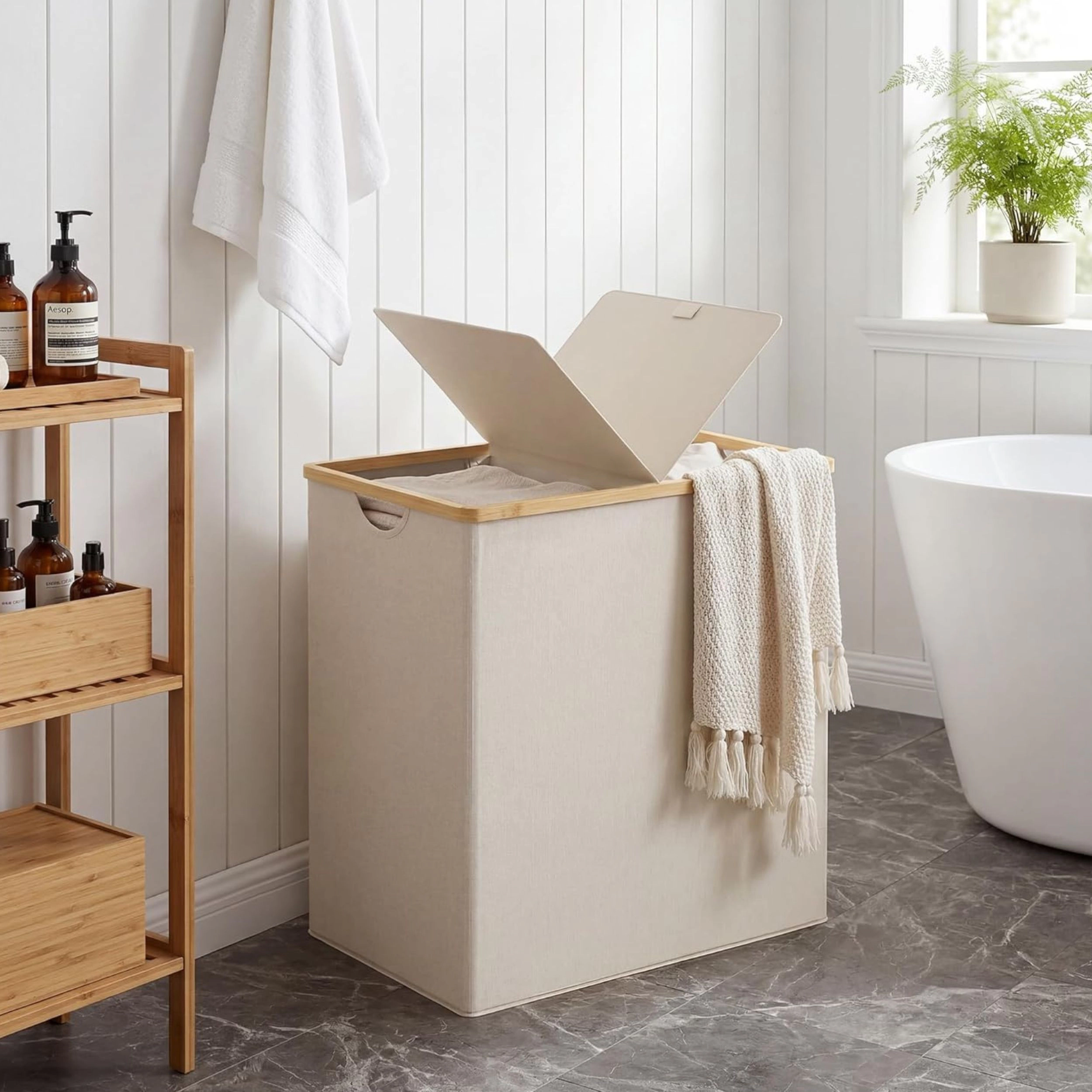 Stock Preferred 140L Double Laundry Hamper with Lid 2 Removable Bags and Bamboo Handles