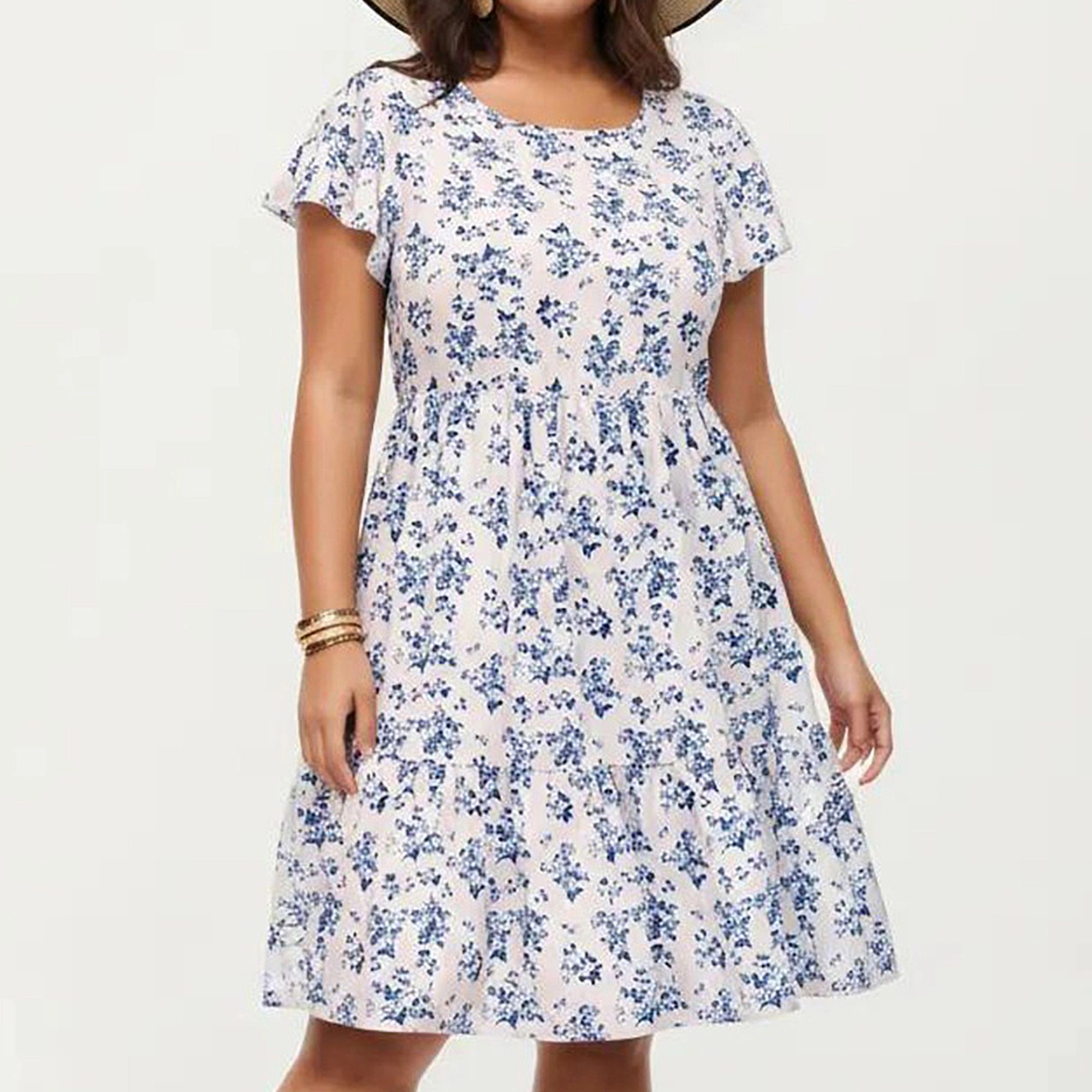 Anna-Kaci Womens Plus Floral Print Tiered Knee-Length Dress