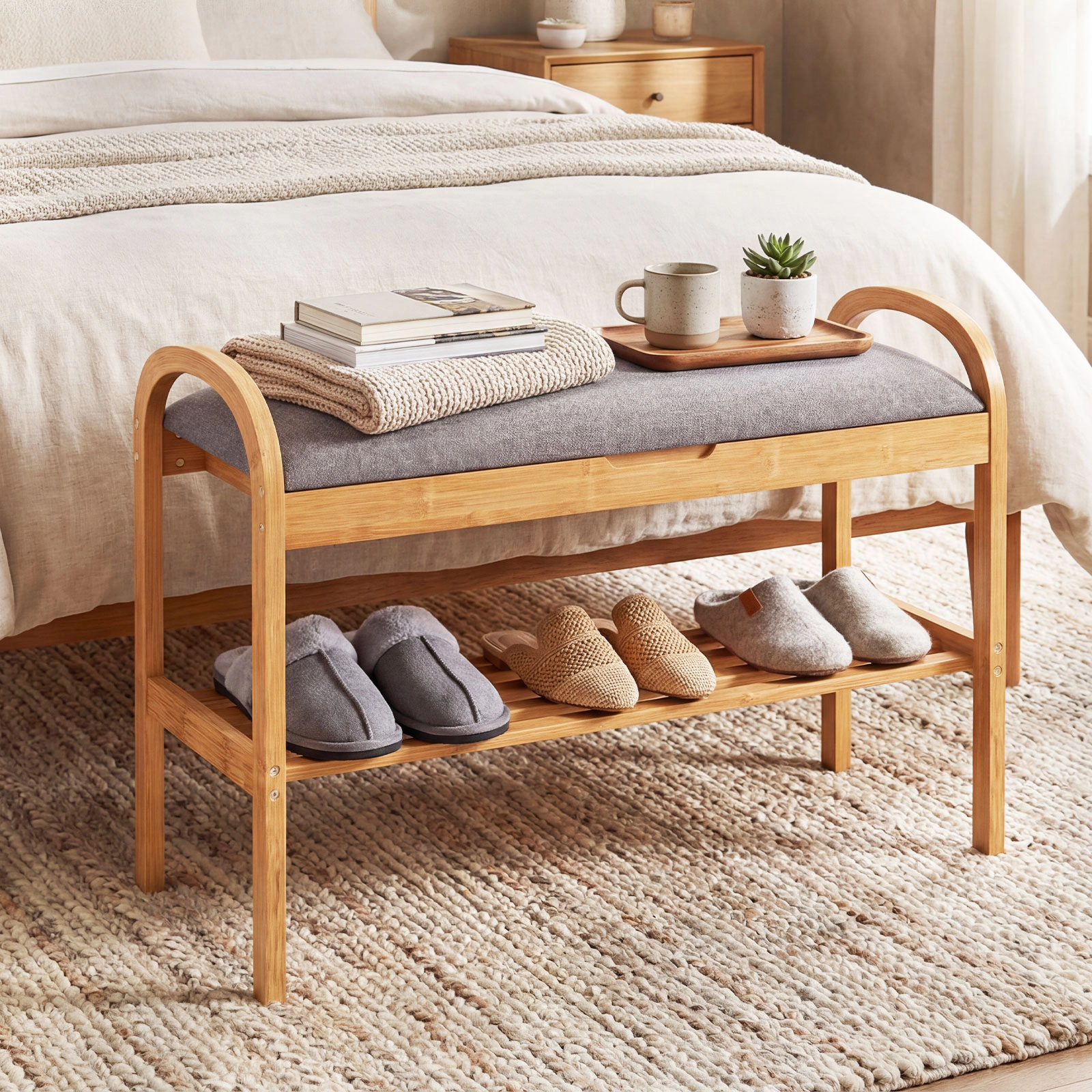 SUGIFT 2-Tier Bamboo Shoe Bench with Hidden Storage Compartment and Padded Cushion 330-lb Capacity Natural & Gray