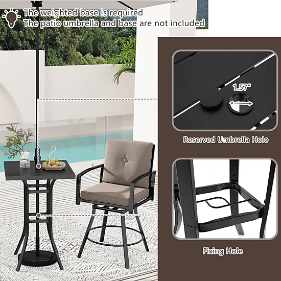 SUGIFT Swivel Patio Bar Set with 180-lb Table Capacity and 400-lb Stools with Cushions and 1.57-in Umbrella Hole Brown