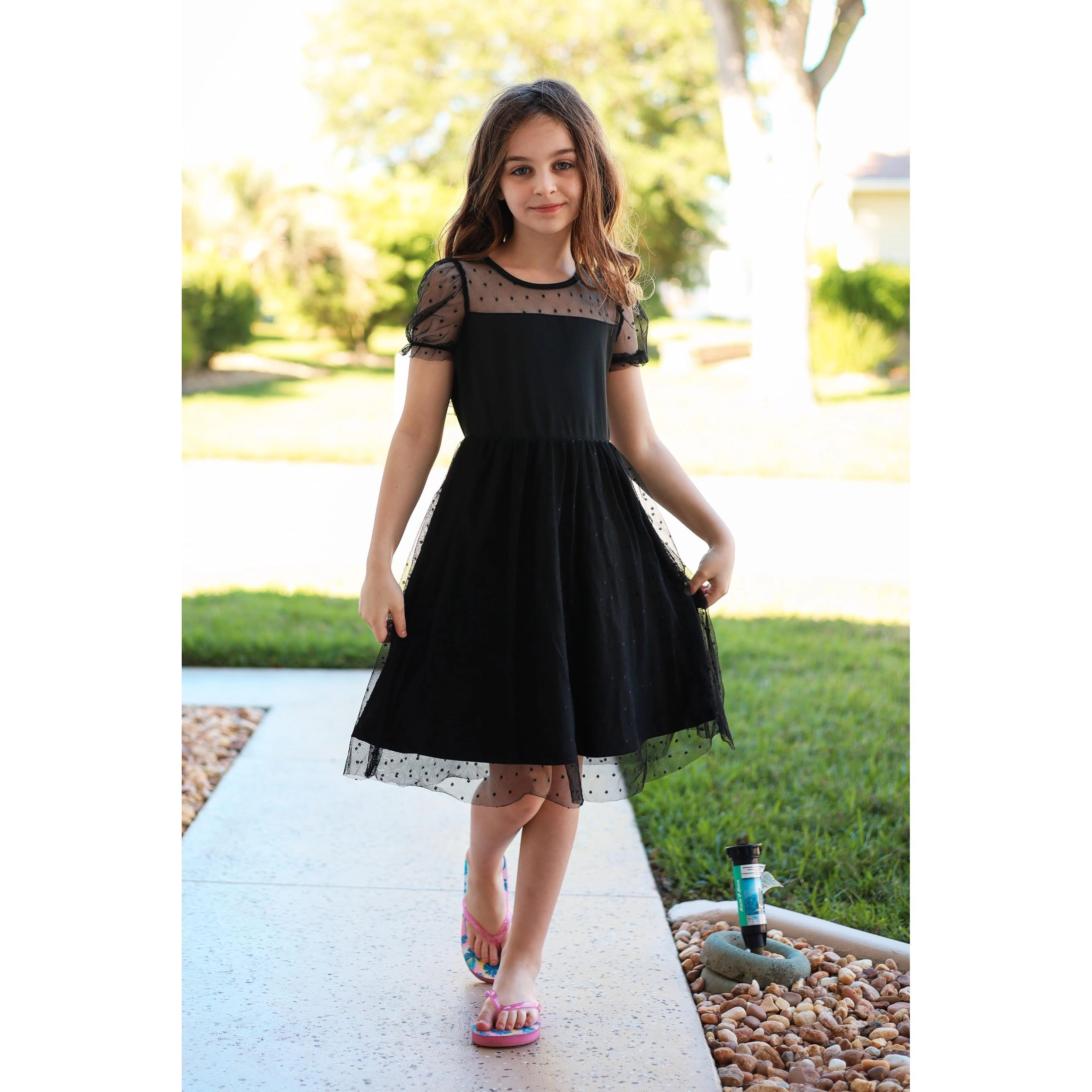 Arshiner Girls Dress Contrast Mesh Puffy Short Sleeve Aline Casual Party