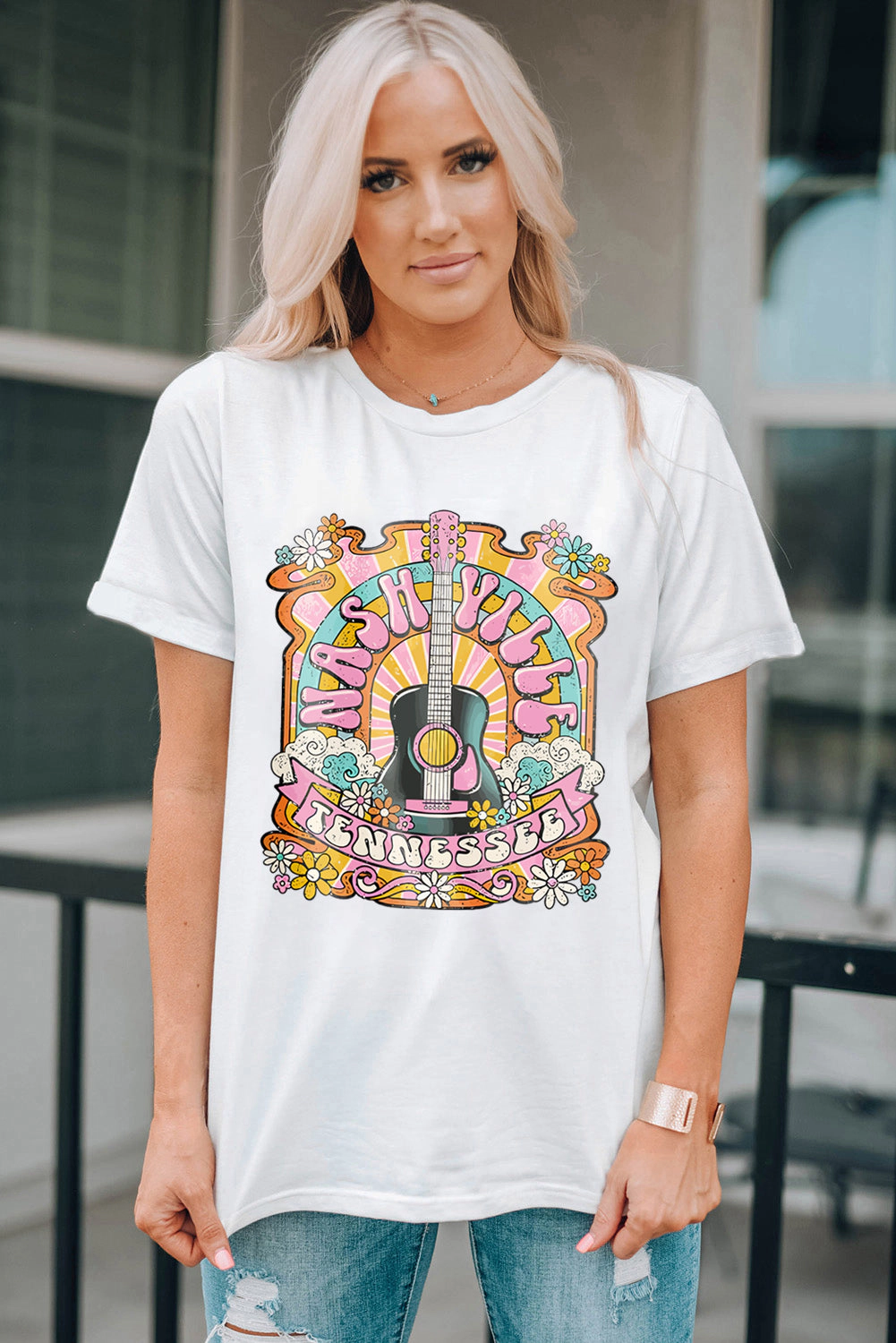 Threaded Pear Womens Evelynn Country Music Graphic T-Shirt - White, Loose Fit