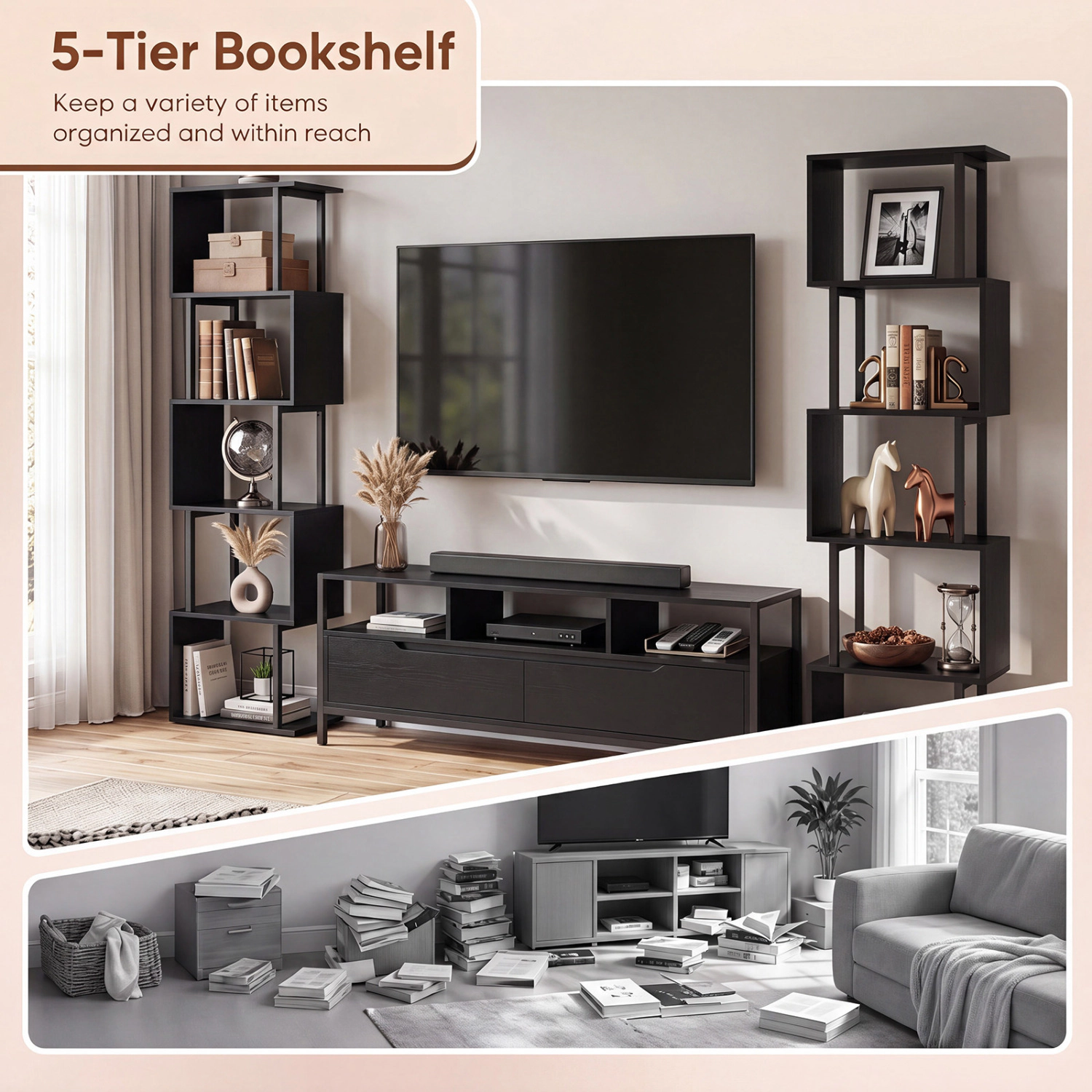LJG 5-Tier S-Shaped Bookshelf with Open Cubes & Anti-Toppling Kits for Living Room