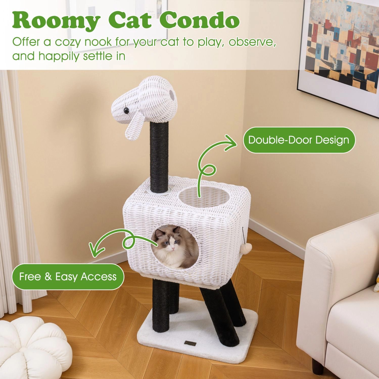 SlickBlue 43" Lamb-Shaped Cat Tree with Rattan Condo & Scratcher
