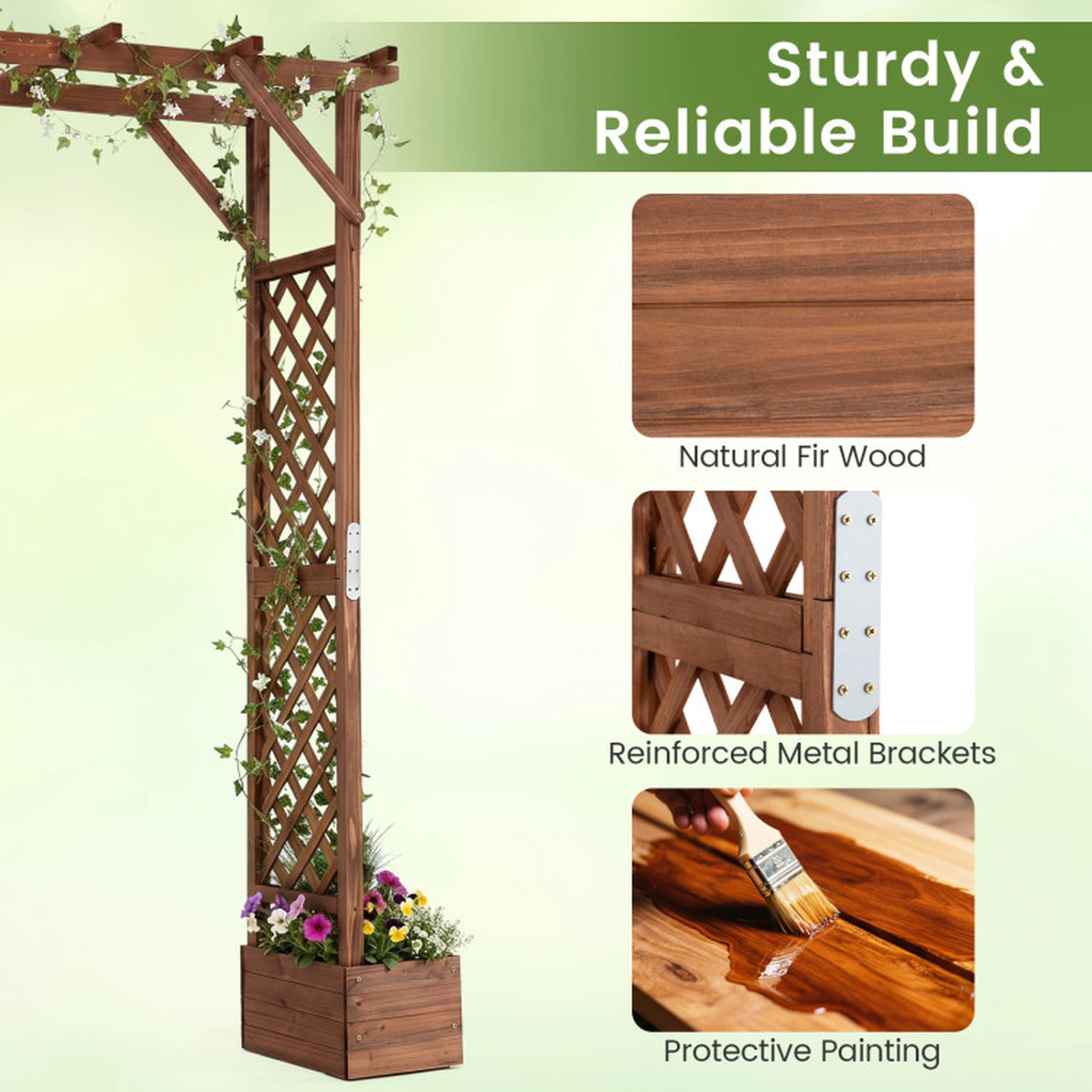 SUGIFT Orange Wooden Garden Arbor with 2 Planter Boxes and Top Roof 82-in W 22-in D 87-in H 44-lb Per Planter Box