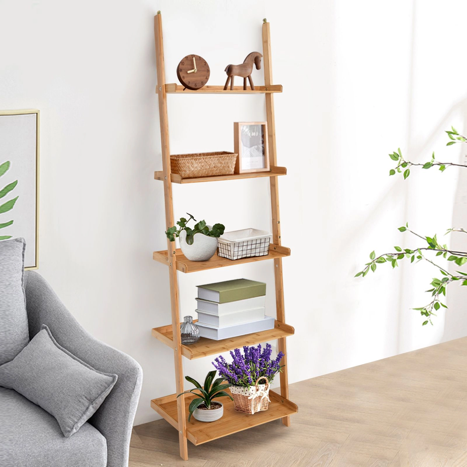 SlickBlue 5-Tier Leaning Wicker Shelf, Vertical Storage Rack