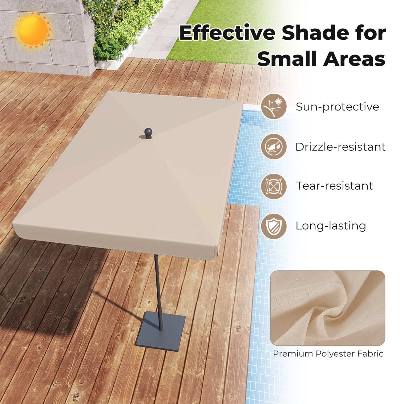 SUGIFT Beige 6.5 x 4.3 ft Rectangular Balcony Umbrella with Tilt Button and Carry Bag