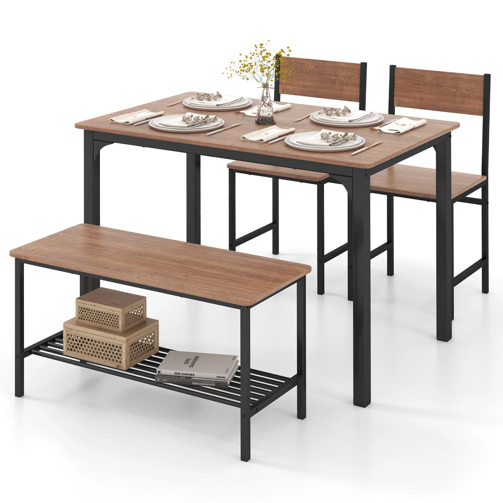 SUGIFT Rustic Dining Table Set with 2 Chairs & Storage Bench 200-lb Table 330-lb Chair 660-lb Bench Capacity