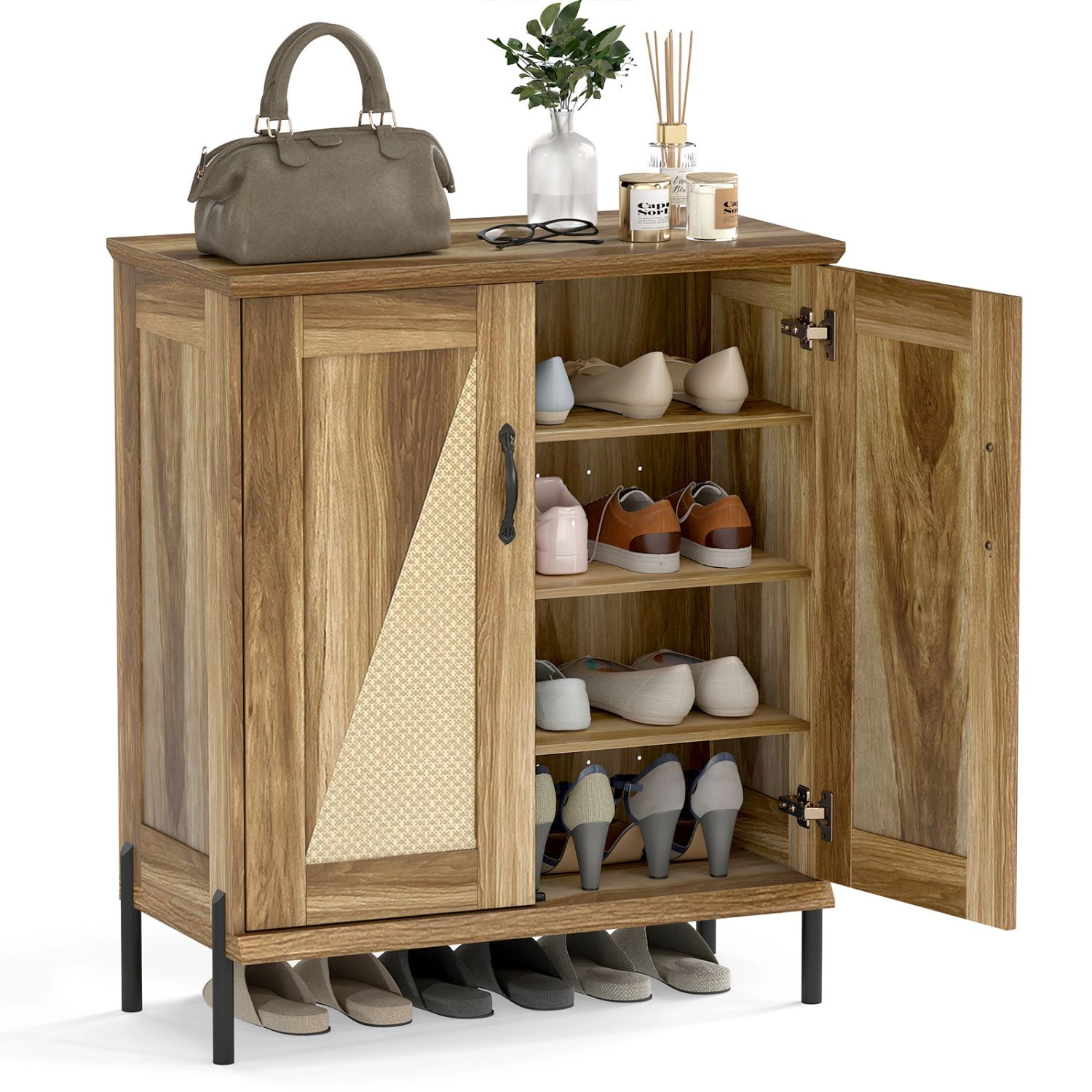 SlickBlue Rattan Shoe Storage Cabinet with Doors, 4-Tier Shelves