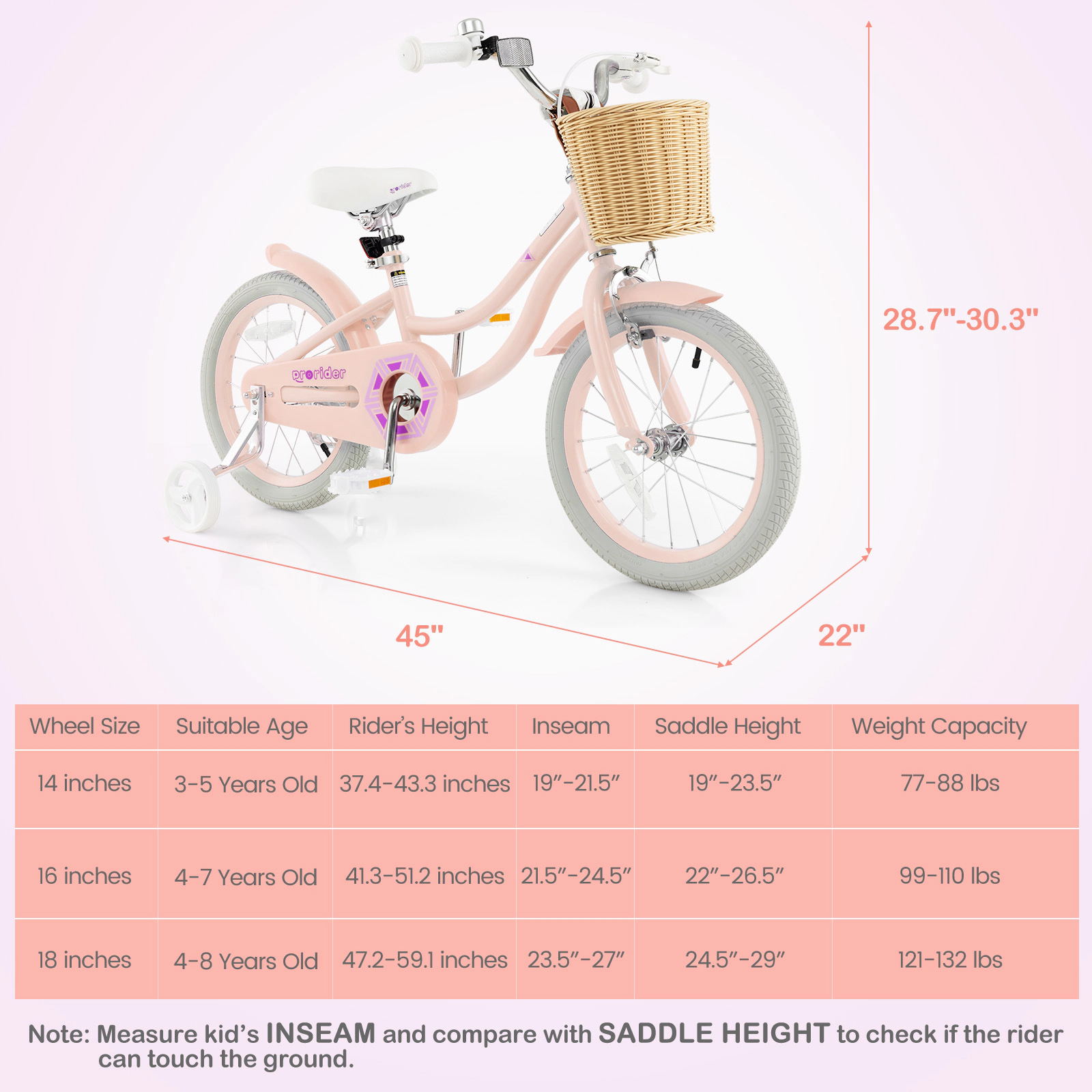 16-in Kids Bike for Girls Front Rear Reflectors Training Wheels and Adjustable Seat Carbon Steel Bicycle Ages 4-7 Pink