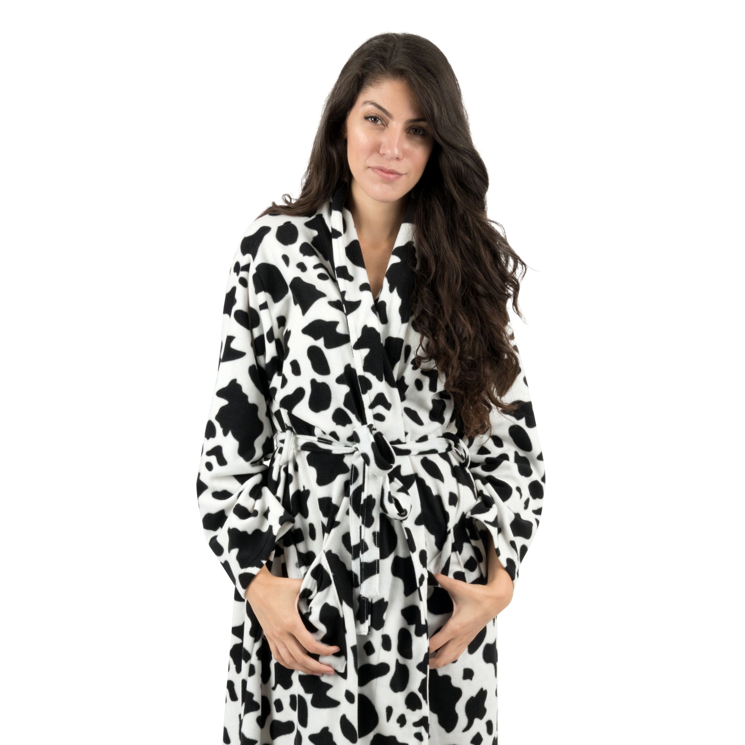 Leveret Womens Black & White Cow Print Micro Fleece Robe
