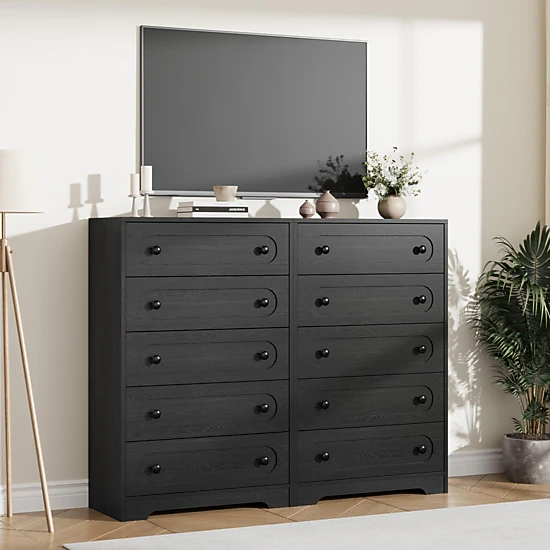 BebreezChic Mid-Century 5-Drawer Dresser, Tall Wide Chest, Deep Drawers, Metal Knobs, Wooden Frame, Black