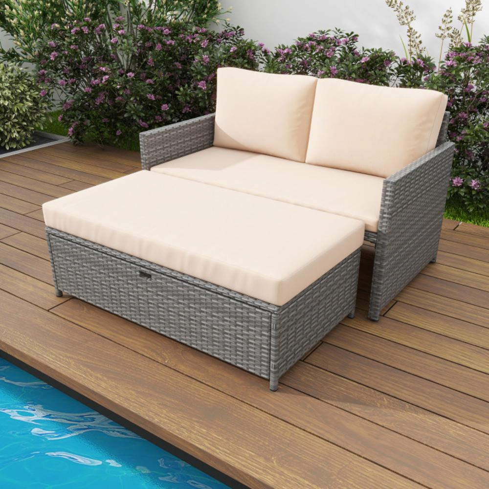 Hivvago Outdoor Rattan Daybed Wicker Loveseat And 31 Gallon Storage Ottoman-Brown