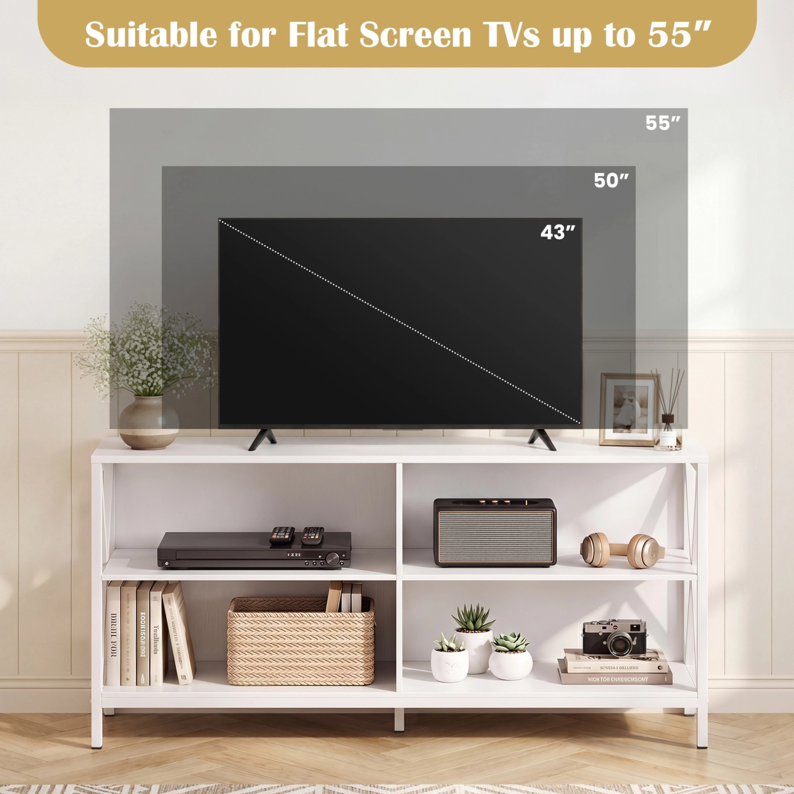 SUGIFT White TV Stand for TVs up to 55 in Wooden Entertainment Center with X-Shaped Frame