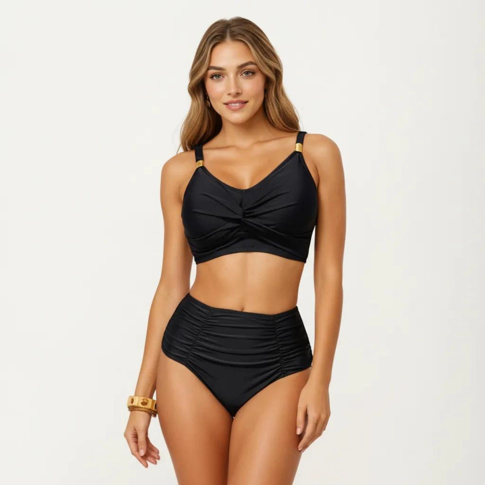 Anna-Kaci Women’s Twist Front Bralette and Ruched High-Rise Bottom, Adjustable Straps