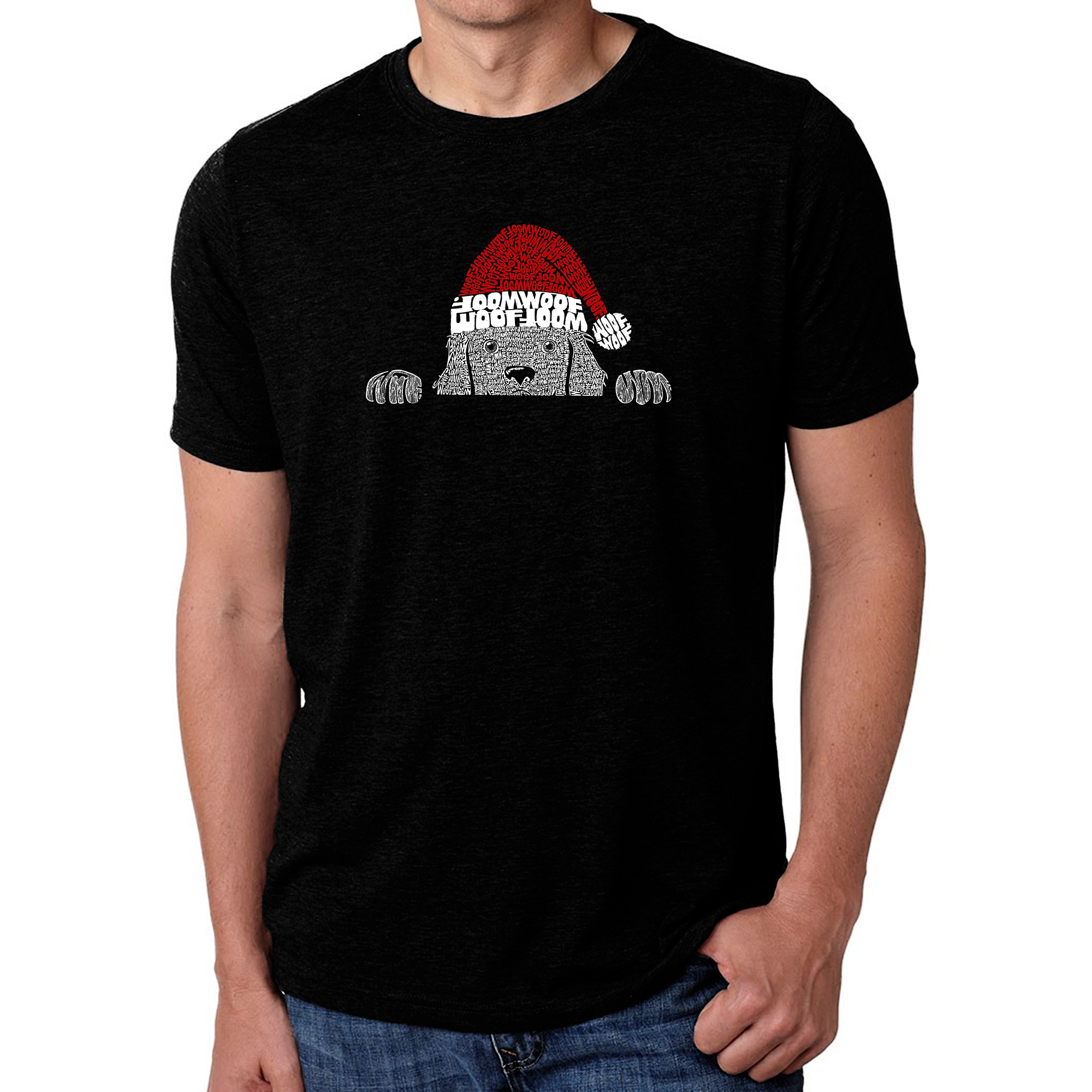 LA Pop Art Men's Cotton/Poly Blend Word T-Shirt - Christmas Peeking Dog