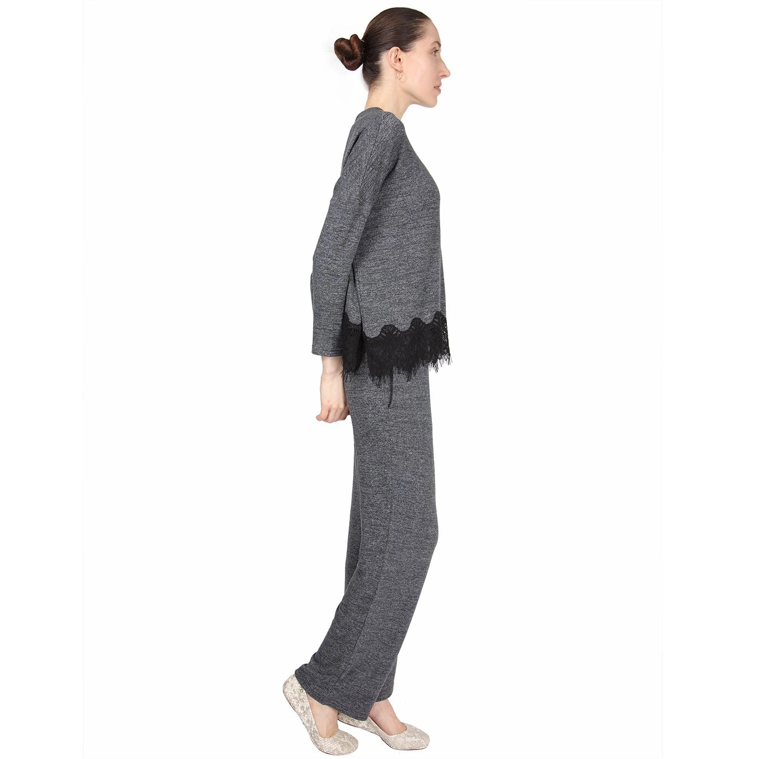 MeMoi Women's Long Sleeve Lounge Set with Contrast Lace Hem