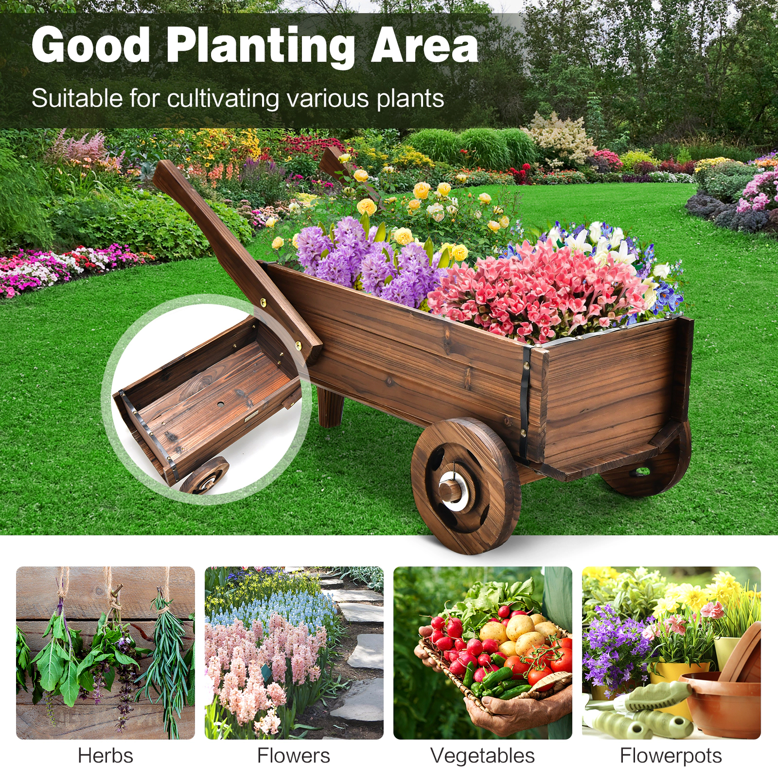 Slickblue Rustic Wooden Wagon Planter Box Rolling Flower Cart with Wheels