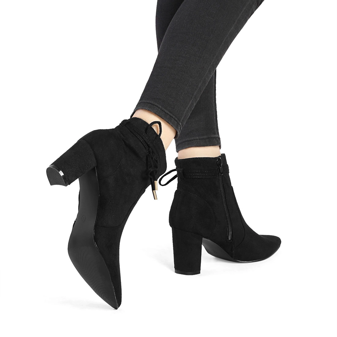 BLISSFUL STEP Women Pointed Toe Chunky Heel Block Zipper Ankle Boots