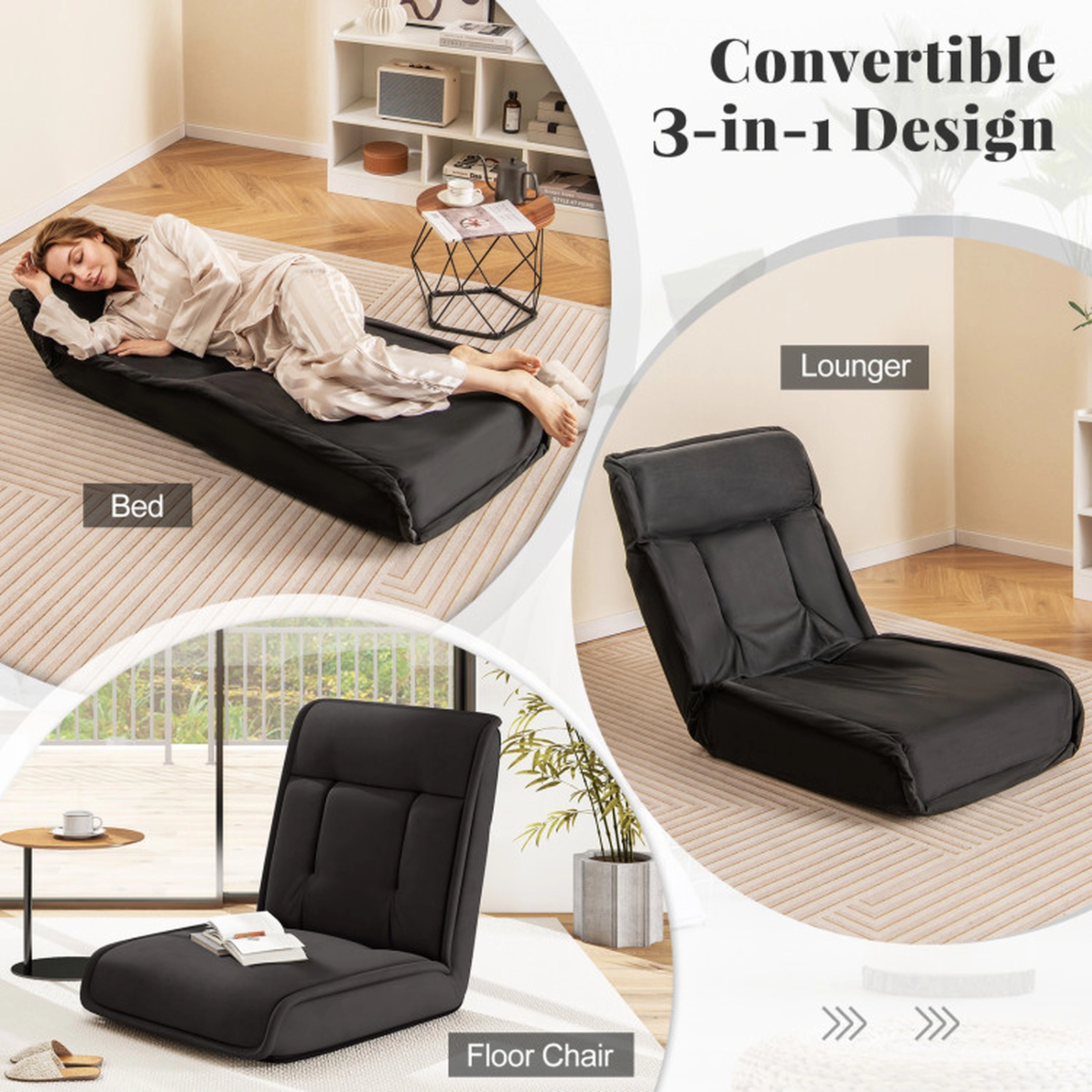 SUGIFT 3-in-1 14-Position Adjustable Headrest Faux Suede Convertible Floor Chair 56.5-in x 25-in 330-lb Capacity Black