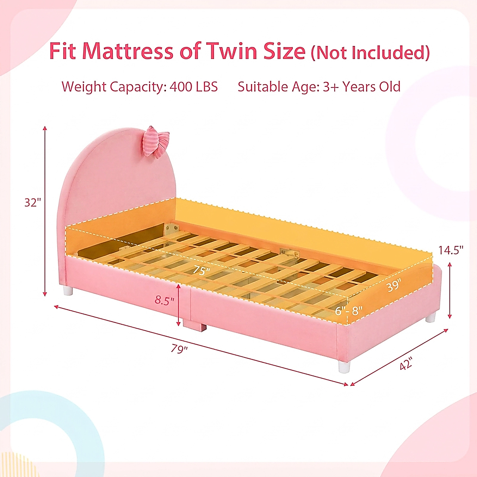 SUGIFT Kids Twin Size 400-lb Bed Capacity Upholstered Platform Bed Frame with Padded Headboard 80-in L 42-in W Pink
