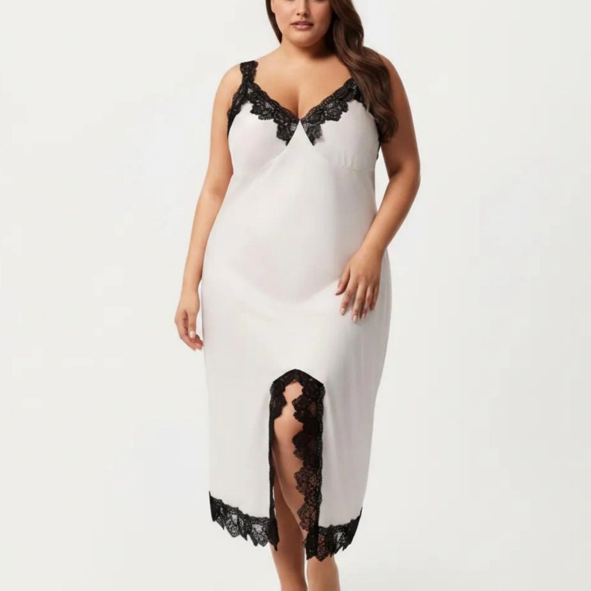 Anna-Kaci Women's Plus Long Satin Chemise Lace Trim Split Hem Nightgown Adjustable Strap Slip Dress