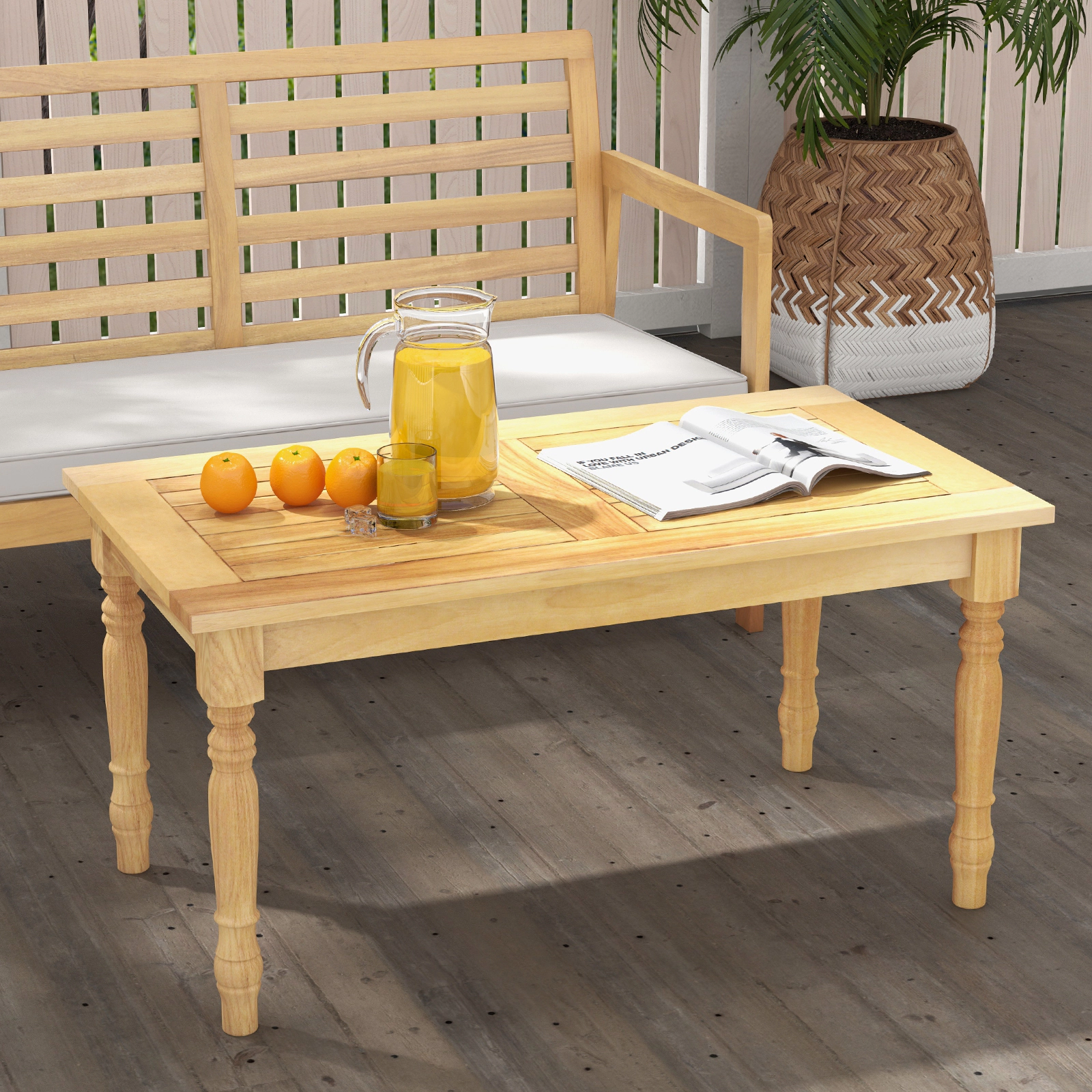 SUGIFT 35.5-in 90-lb Capacity Solid Teak Wood Outdoor Coffee Table with Slatted Draining Tabletop