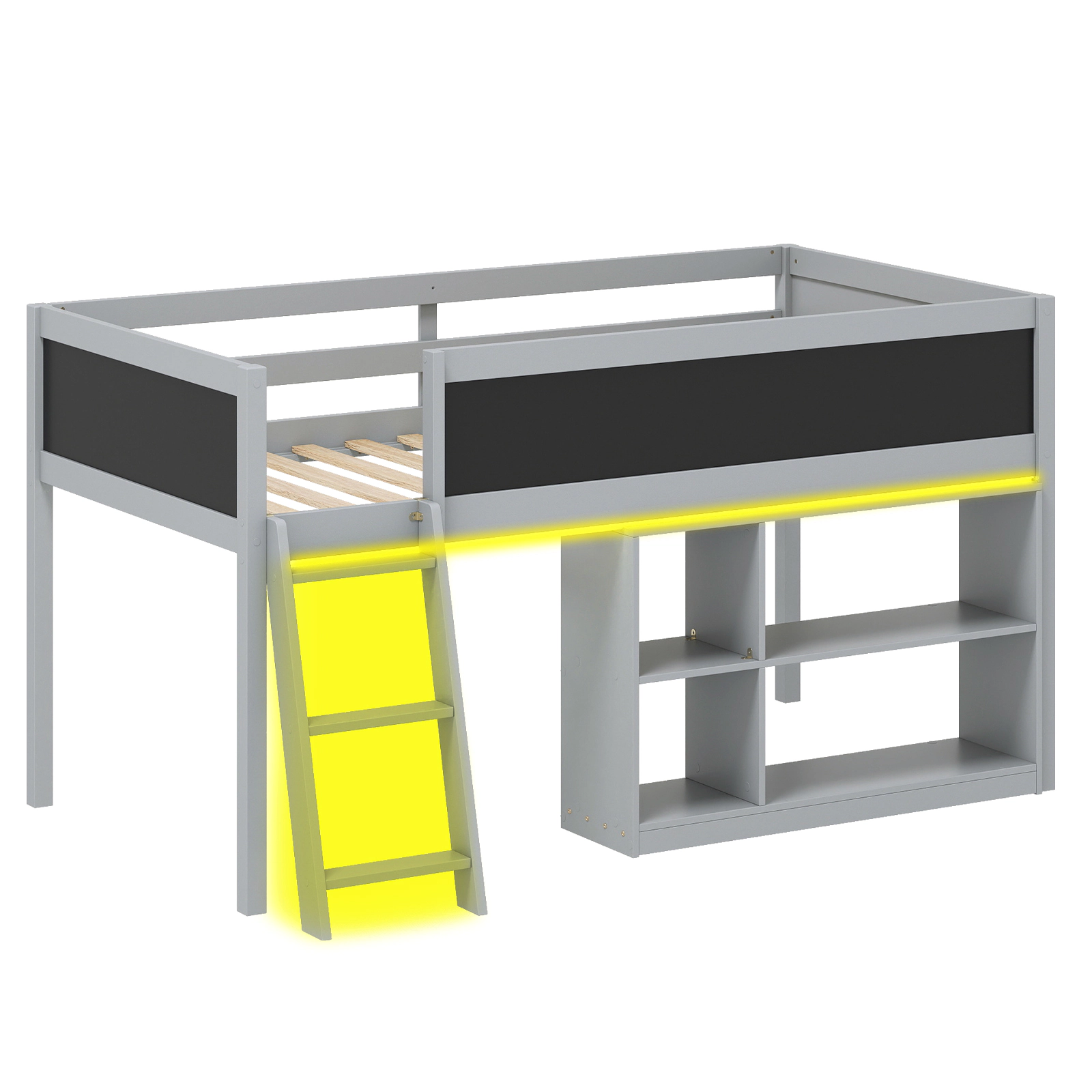 Costway Kids Loft Bed w/LED Lights Chalkboard & Removable Bookcase Safety Guardrail White