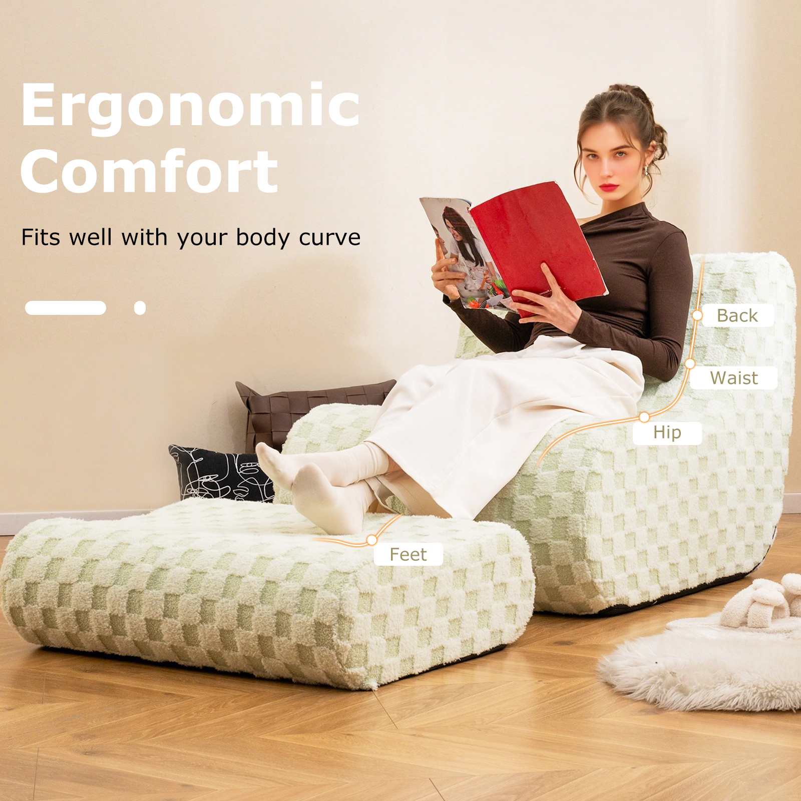 SUGIFT Bean Bag Chair Green with Ottoman and High Elasticity Sponge Filling