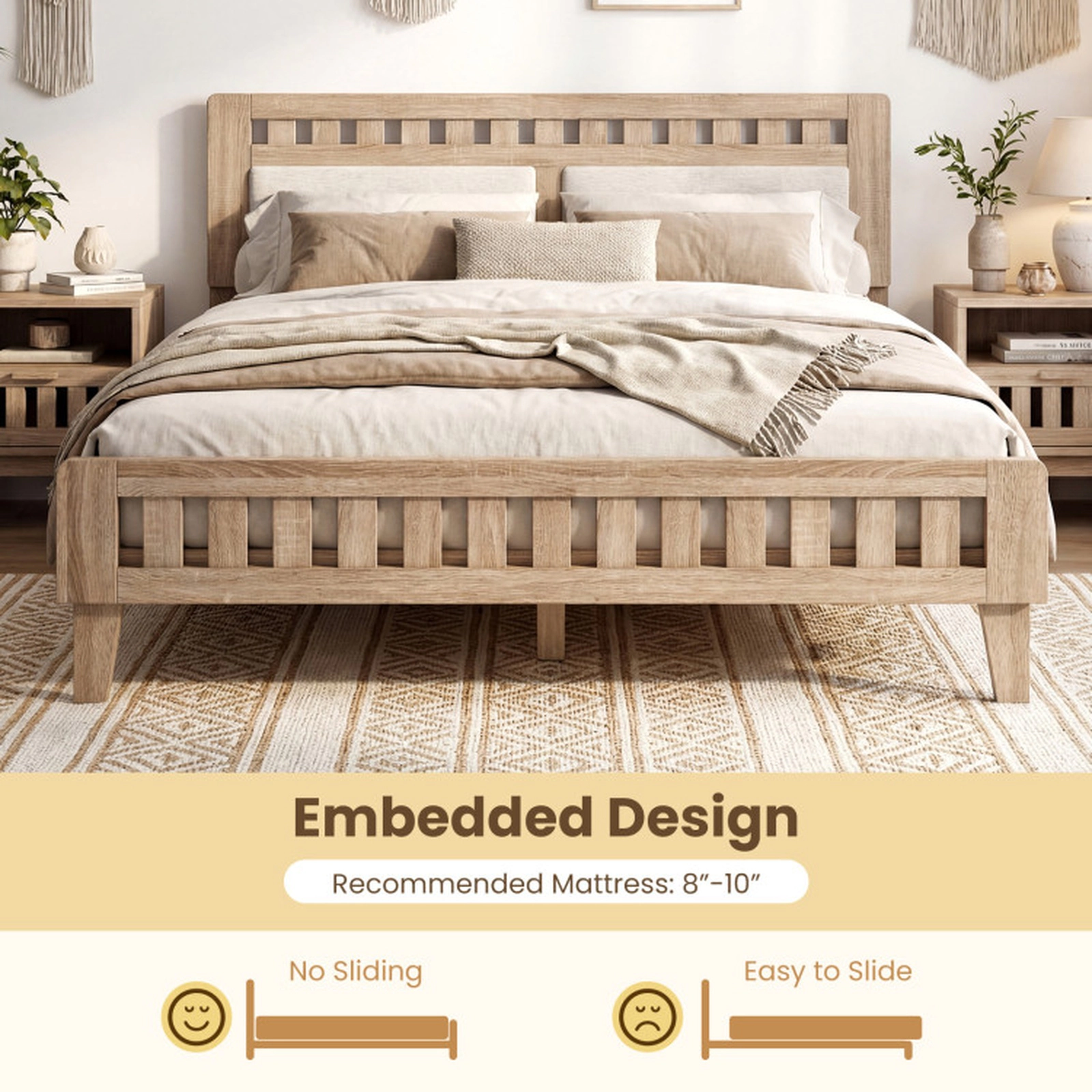 SUGIFT Queen Wood Bed Frame Upholstered Headboard 700-Lb Capacity 85-in Length 80 x 61-in Bed Surface Rustic Oak + Beige