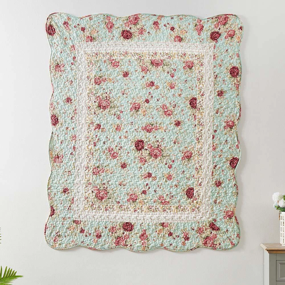 Greenland Home Antique Rose Floral and Pinstripe Print with Dainty Scrolling Floral Throw 50"x60" Blue