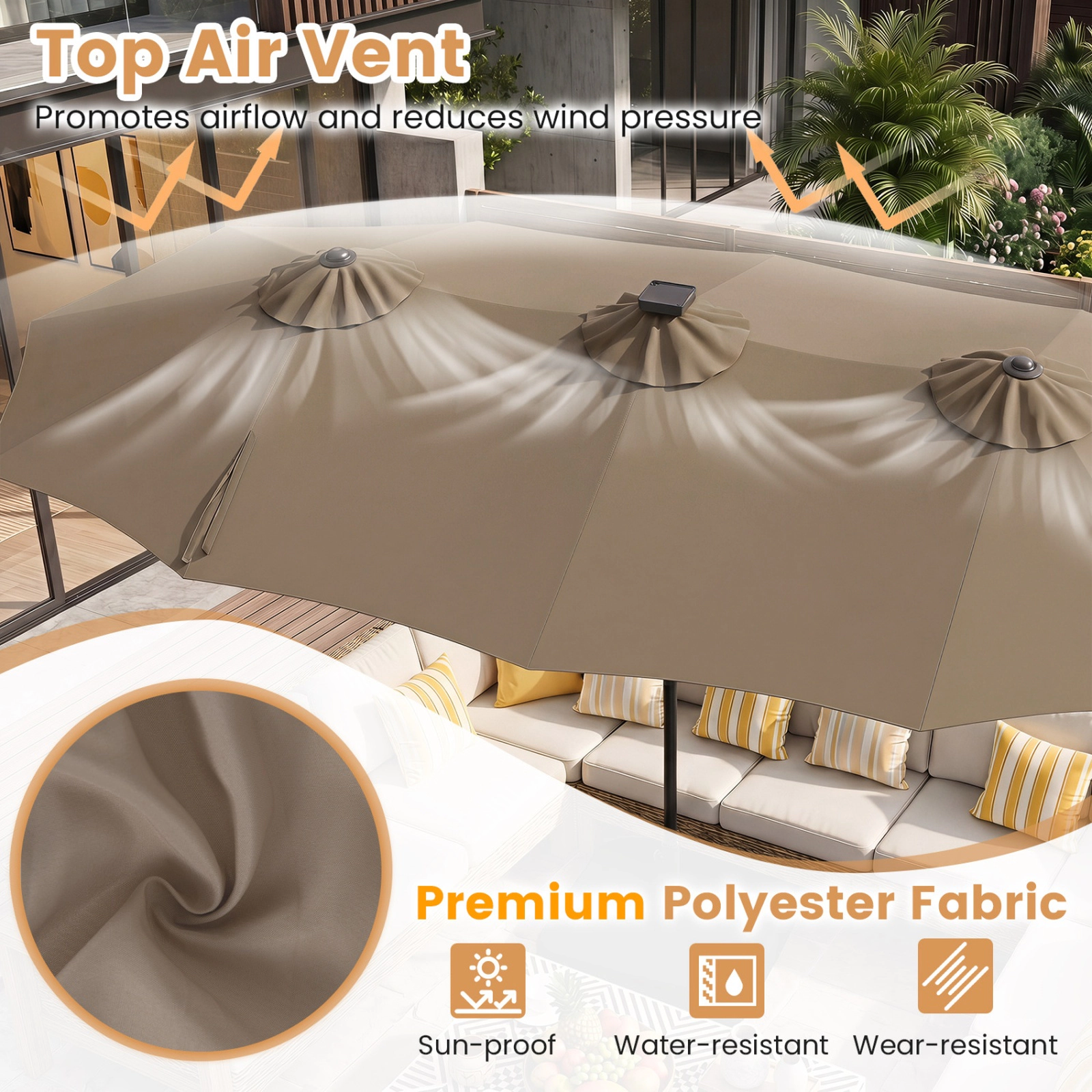 SUGIFT 13-ft Double-Sided Patio Umbrella with 108 LED Lights, Crank Handle and 135-lb Base Capacity Tan