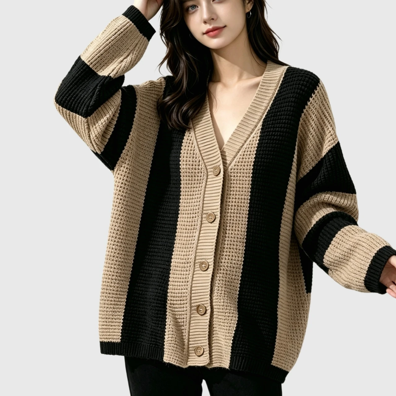 YesFashion Women's Striped Open Front Cardigan V Neck Button Up Long Sleeve Color Block Sweaters
