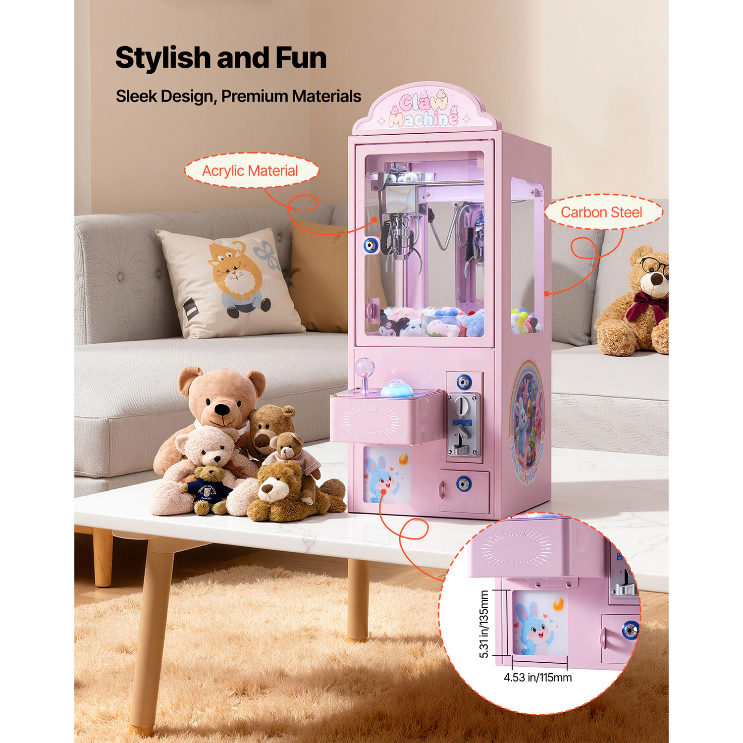 HONGGE Pink Claw Crane Machine with Light & Sound, Adjustable Steel Claw Arcade Game for Home Parties & Cinemas