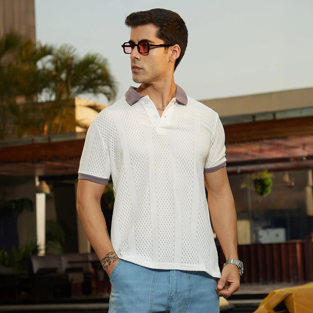 Contrast Open-Knit Polo T-Shirt