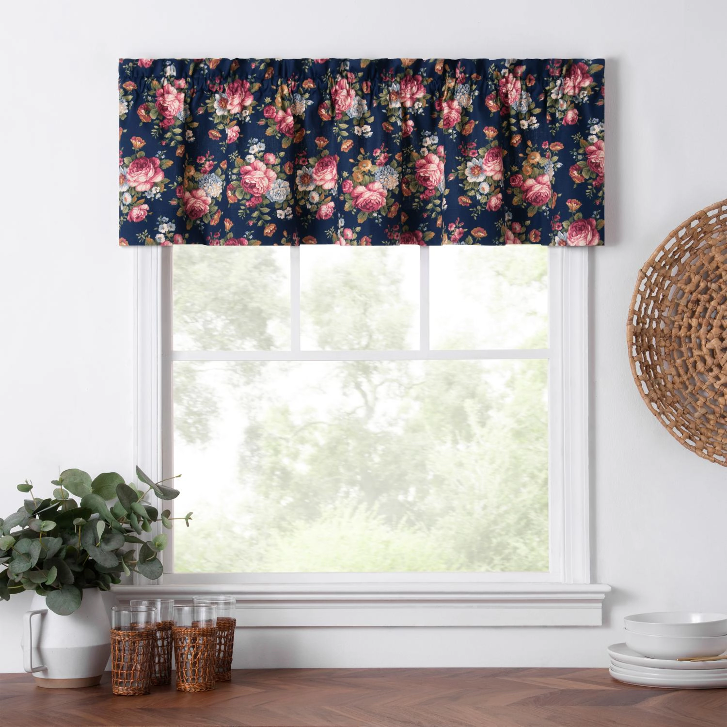 Ellis Bella Rose Stylish Medium Scale Printed Floral Pattern 1.5" Rod Pocket Tailored Valance for Windows 58"x15" Navy