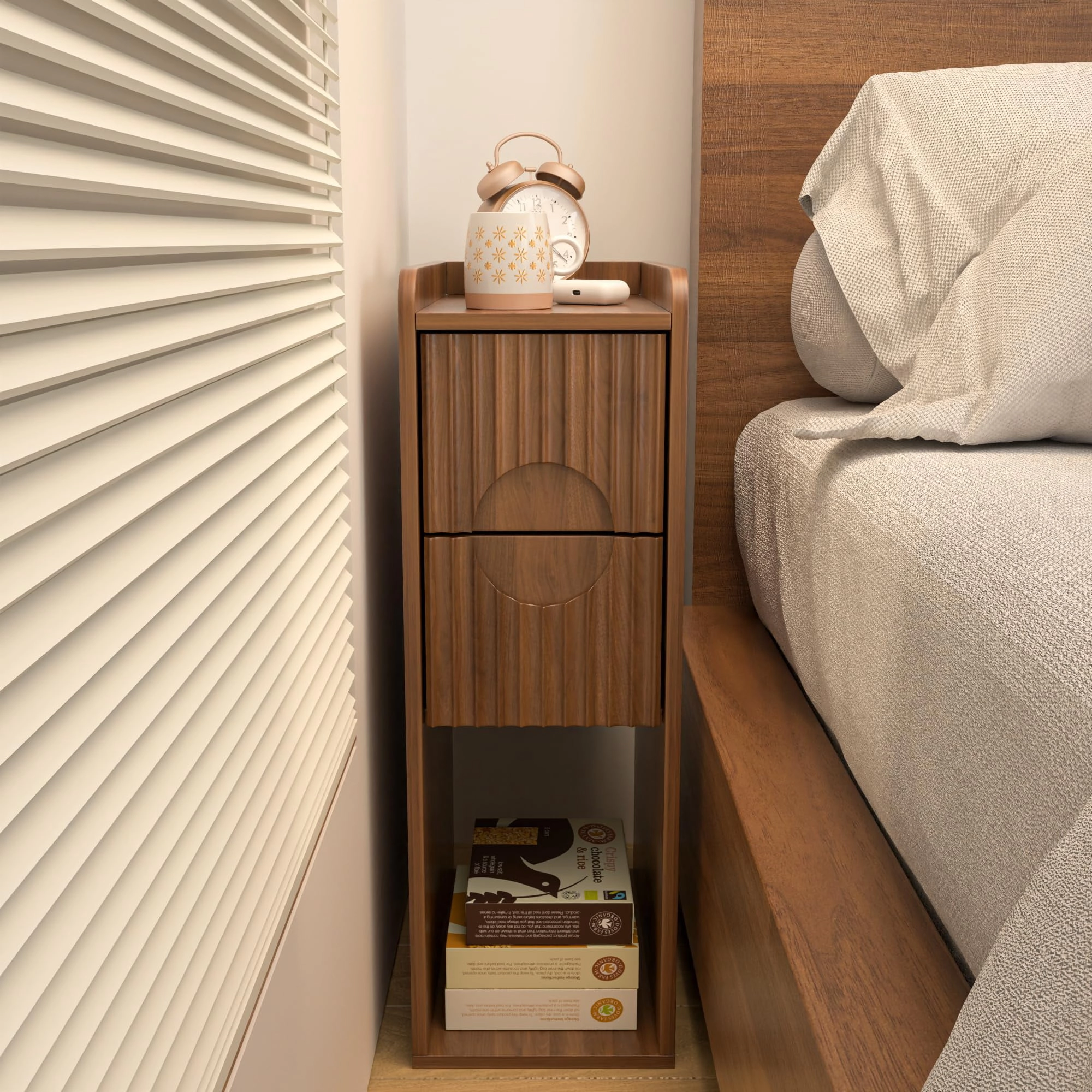 BebreezChic Narrow Nightstand with Charging Station, Slim Bedside Table with Drawer and Open Shelf, Fluted End Table