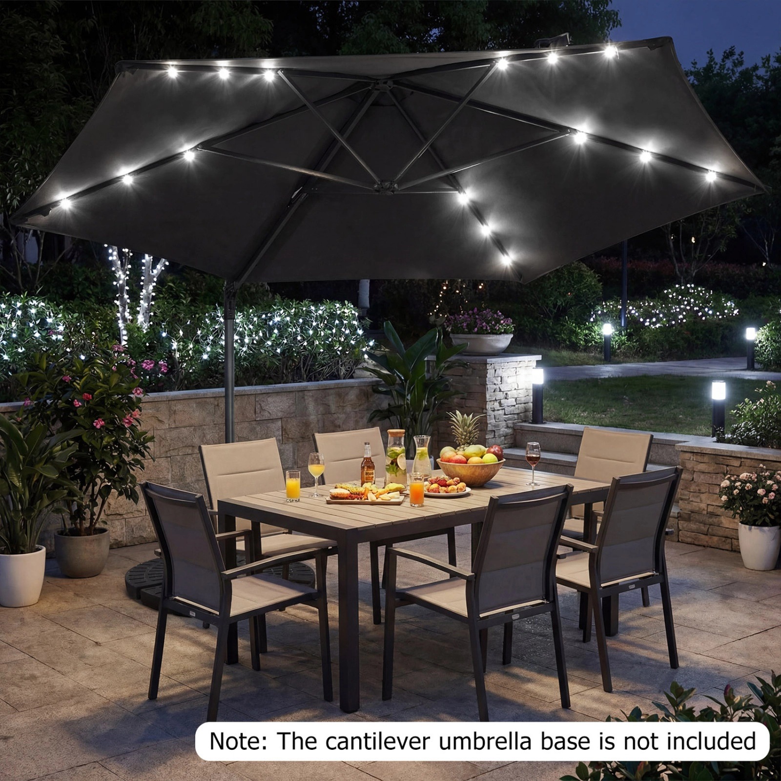 SUGIFT 10 ft Cantilever Patio Umbrella with Solar LED Lights and Foot Pedal Rotation