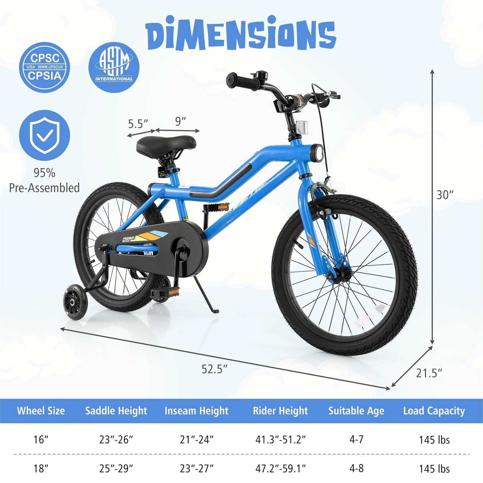 SUGIFT LED Lighted Adjustable Kids Bike with Training Wheels 145-lb Capacity Ages 4-8 Navy Blue 18-in Wheel