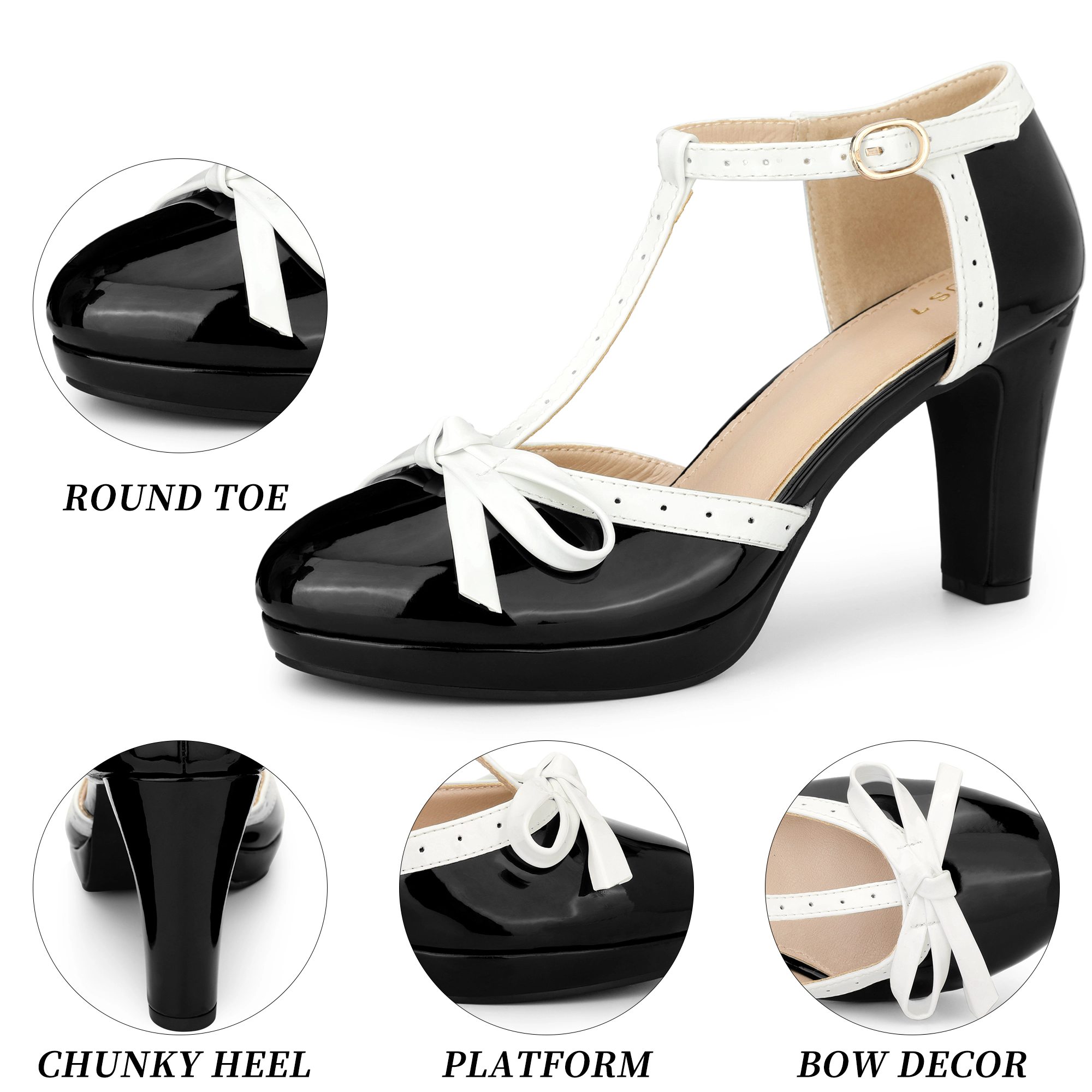 BLISSFUL STEP Women's Platform Bow Chunky Heels T-Strap Mary Janes Pumps
