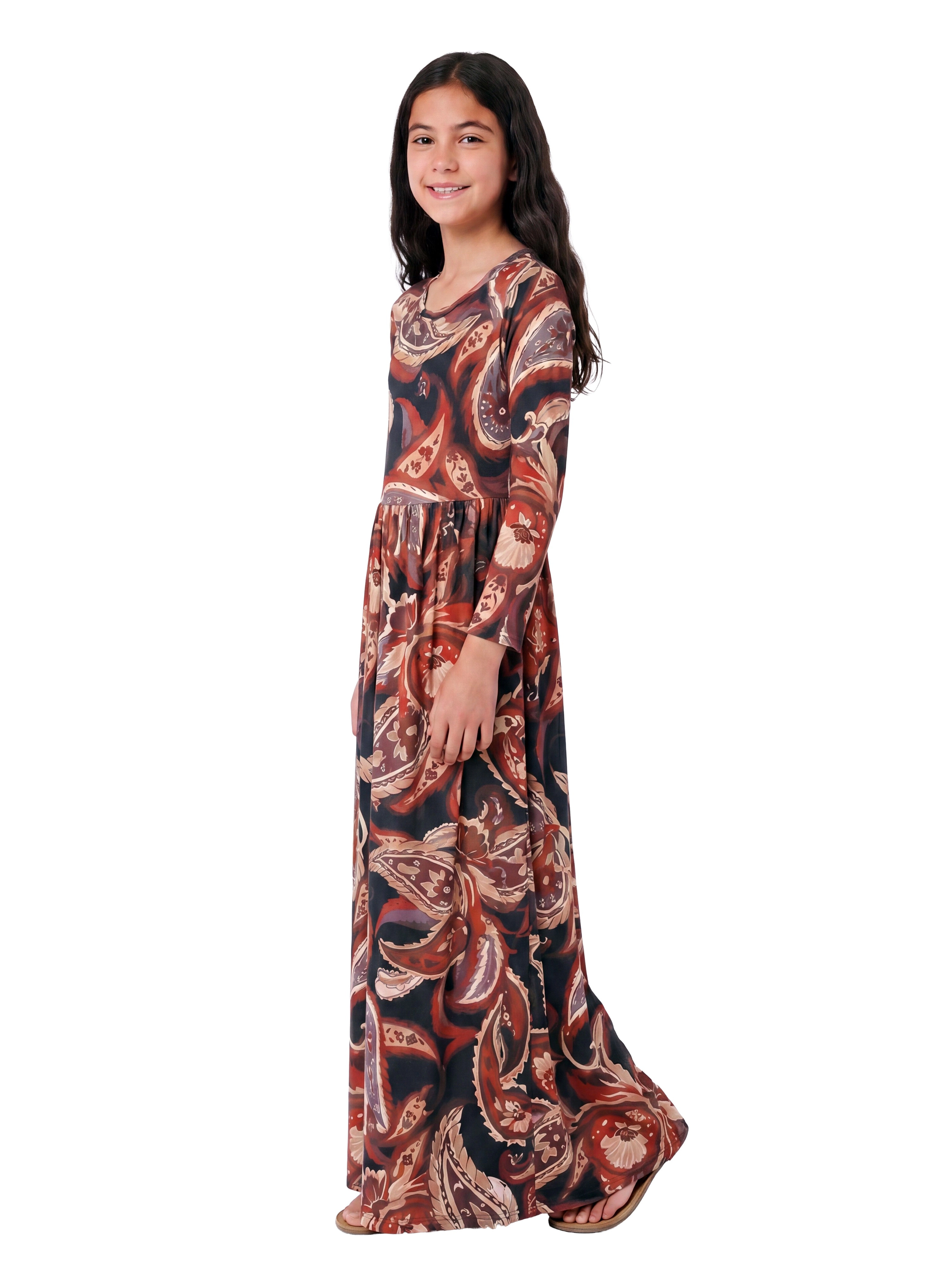 24sevenKid Essential Girls Black and Red Paisley Long Sleeve Pleated Maxi Dress