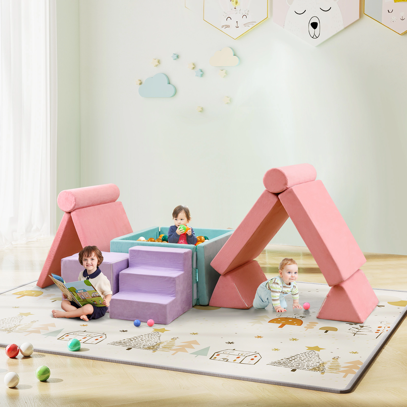 SUGIFT 8-Piece Modular Kids Foam Play Couch Building Fort Play Set with Suede Cover Pink